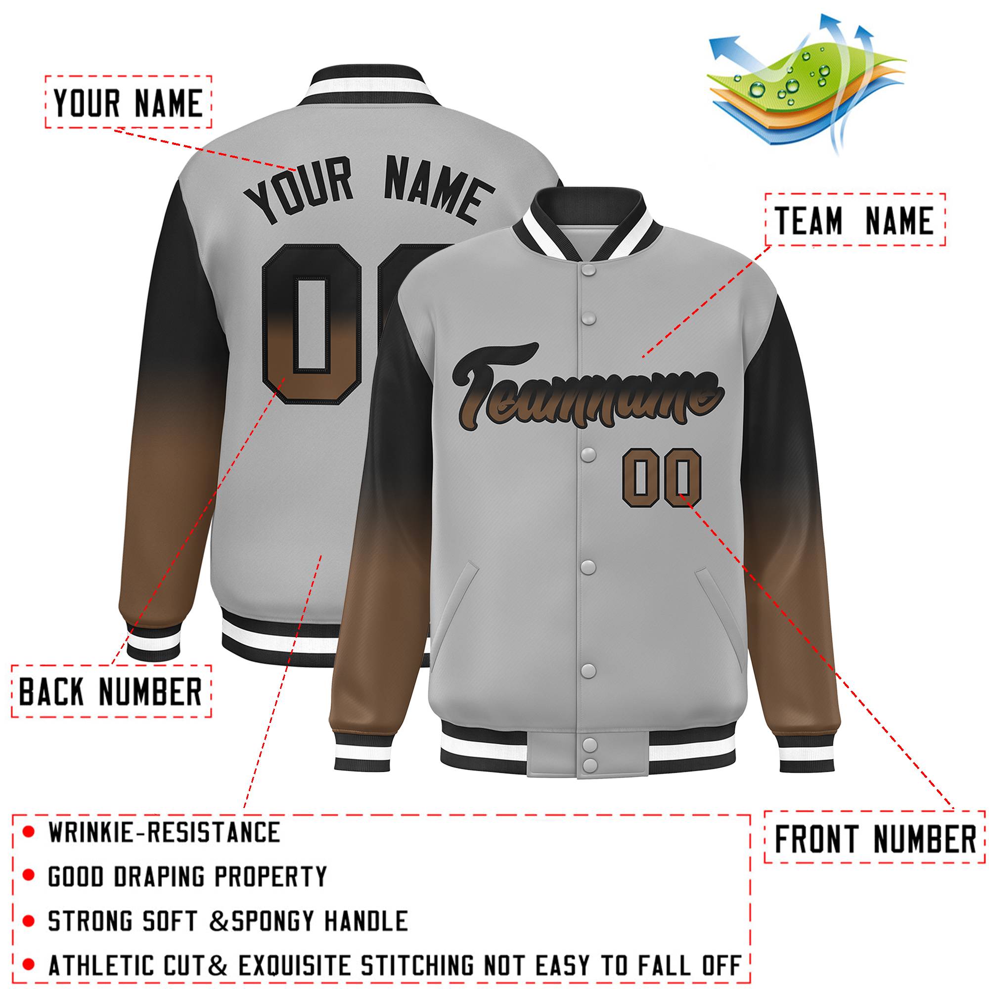 Custom Gray Black-Light Brown Gradient Varsity Full-Snap Raglan Sleeves Baseball Jacket