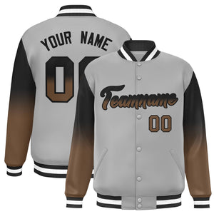 Custom Gray Black-Light Brown Gradient Varsity Full-Snap Raglan Sleeves Baseball Jacket