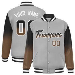 Custom Gray Black-Light Brown Gradient Varsity Full-Snap Raglan Sleeves Baseball Jacket