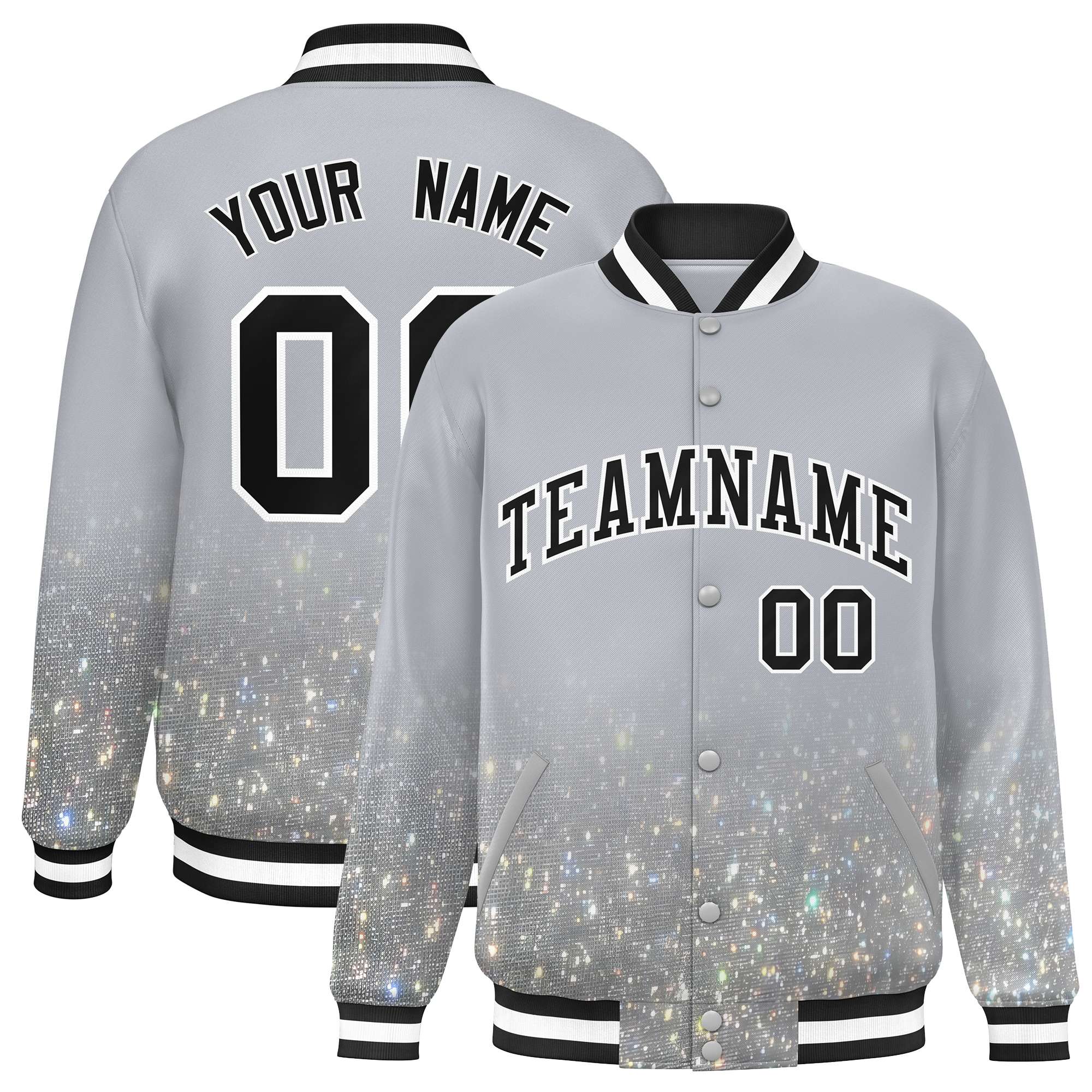 Custom Gray Varsity Full-Snap Sequins Pattern Letterman Baseball Jacket