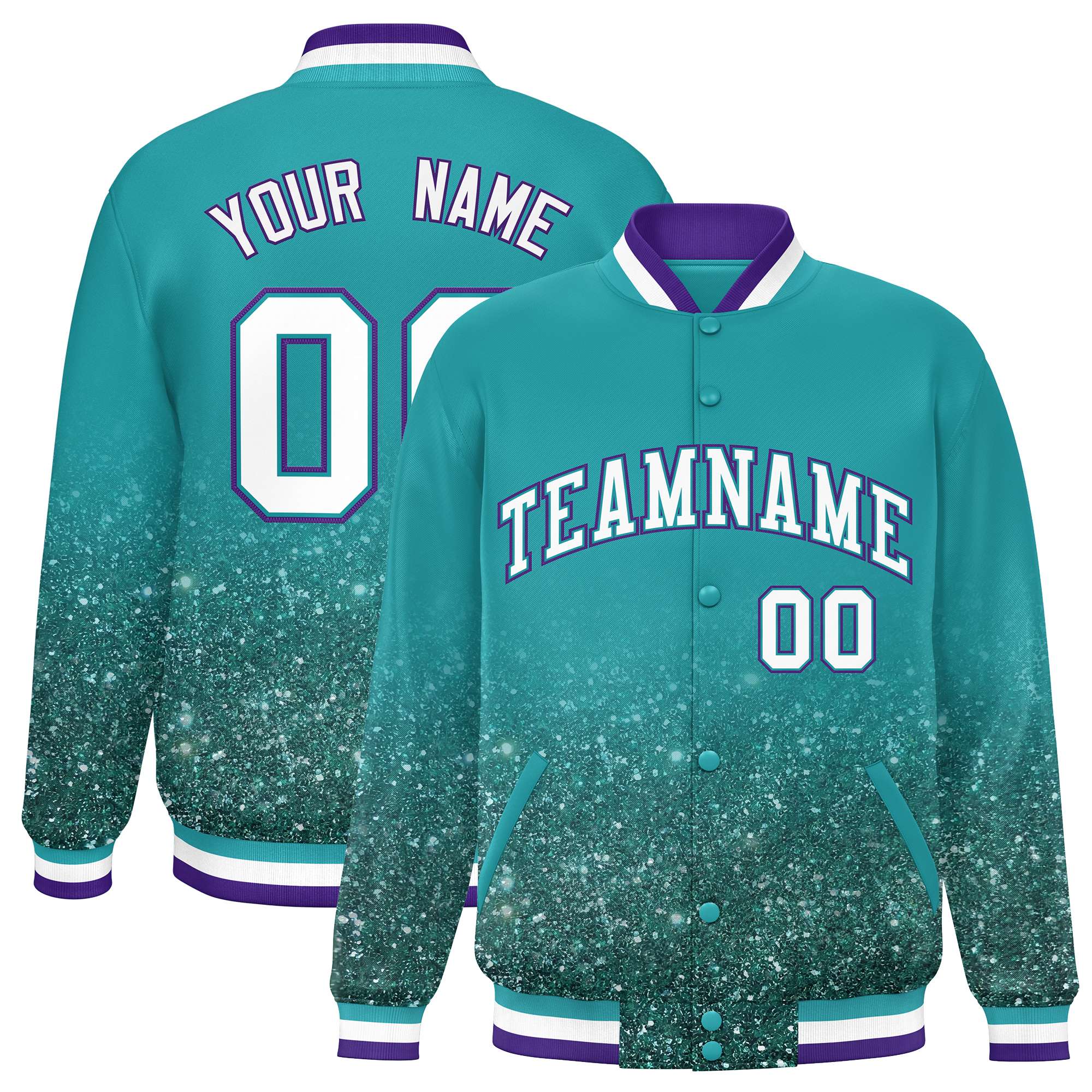 Custom Aqua Varsity Full-Snap Sequins Pattern Letterman Baseball Jacket