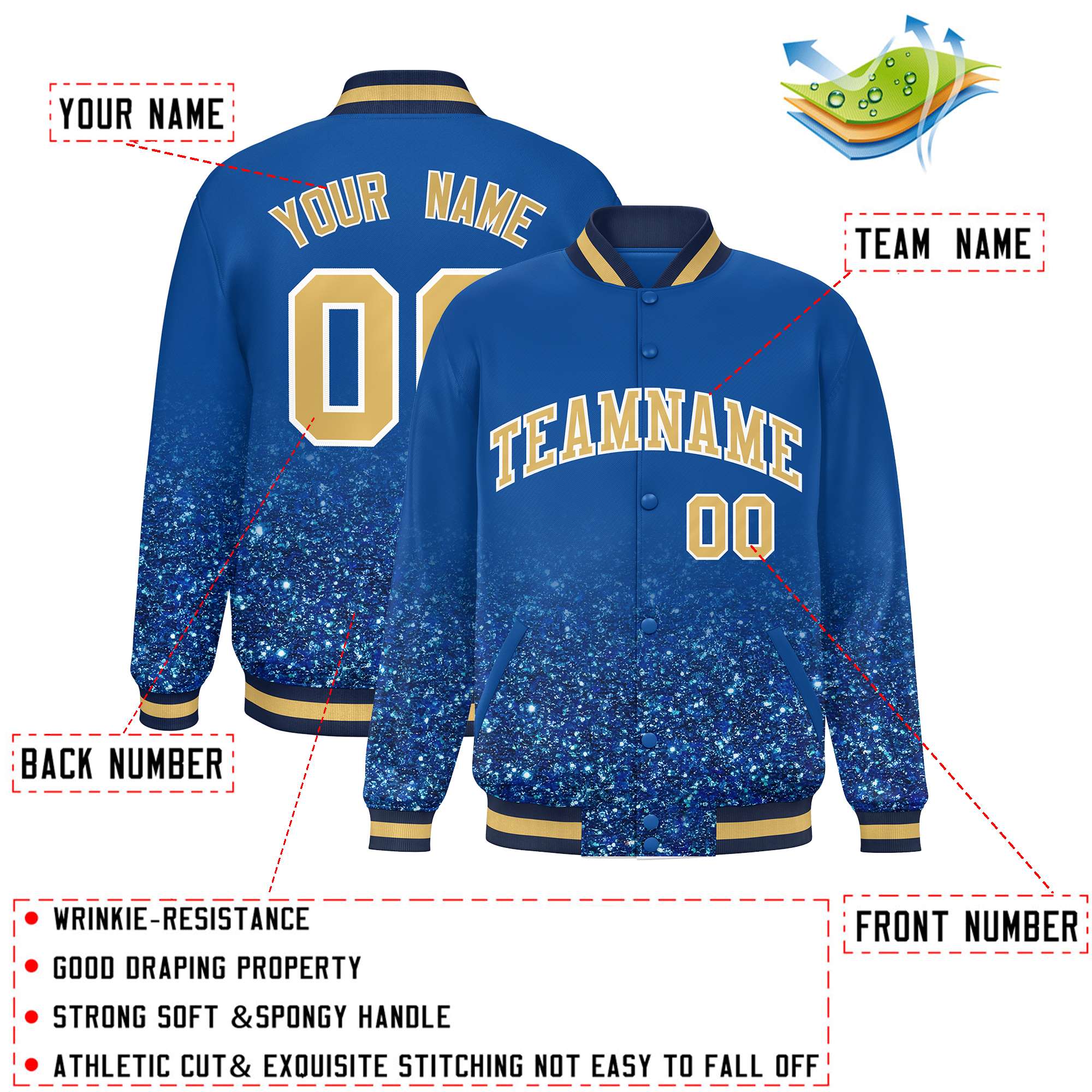 Custom Royal Varsity Full-Snap Sequins Pattern Letterman Baseball Jacket