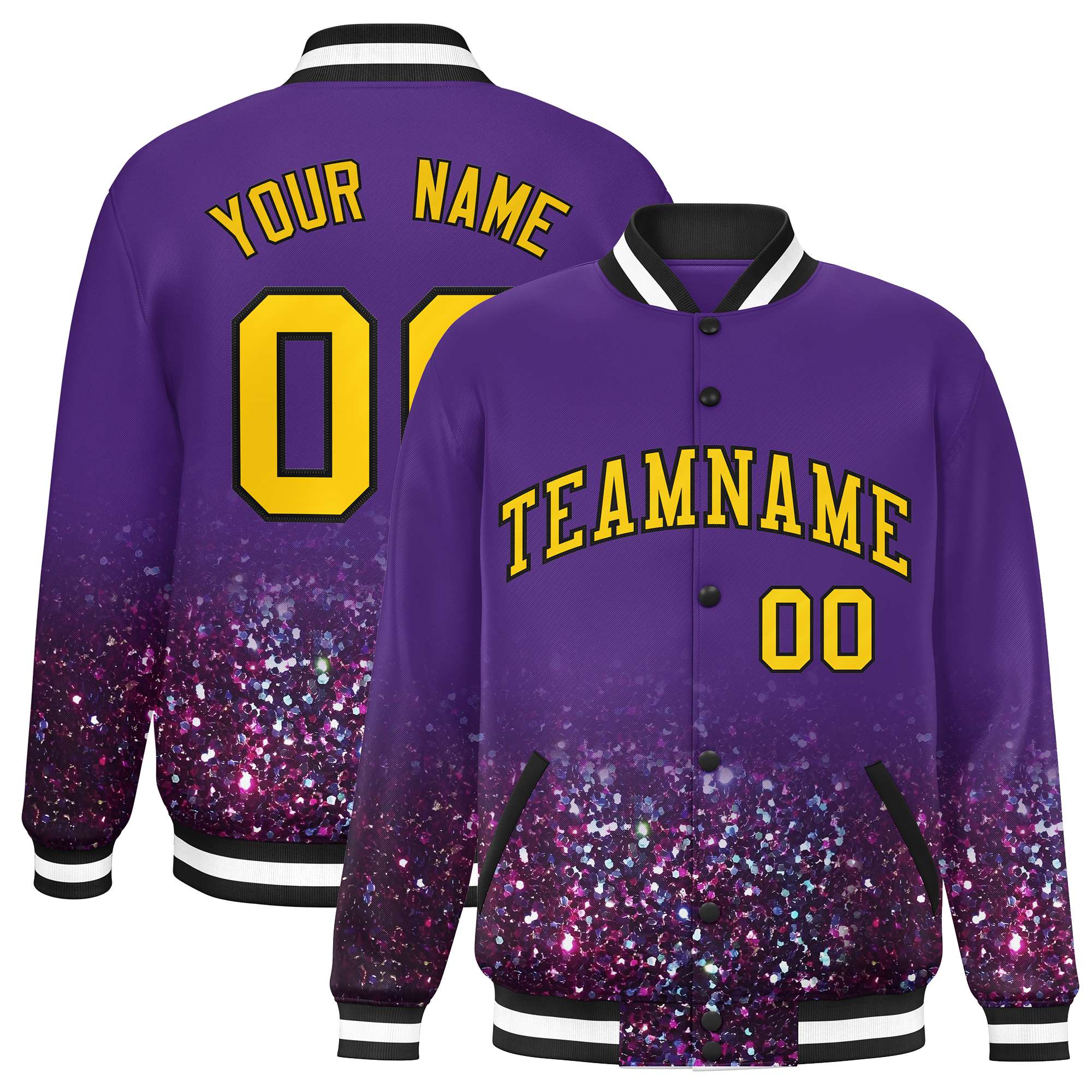 Custom Purple Varsity Full-Snap Sequins Pattern Letterman Baseball Jacket