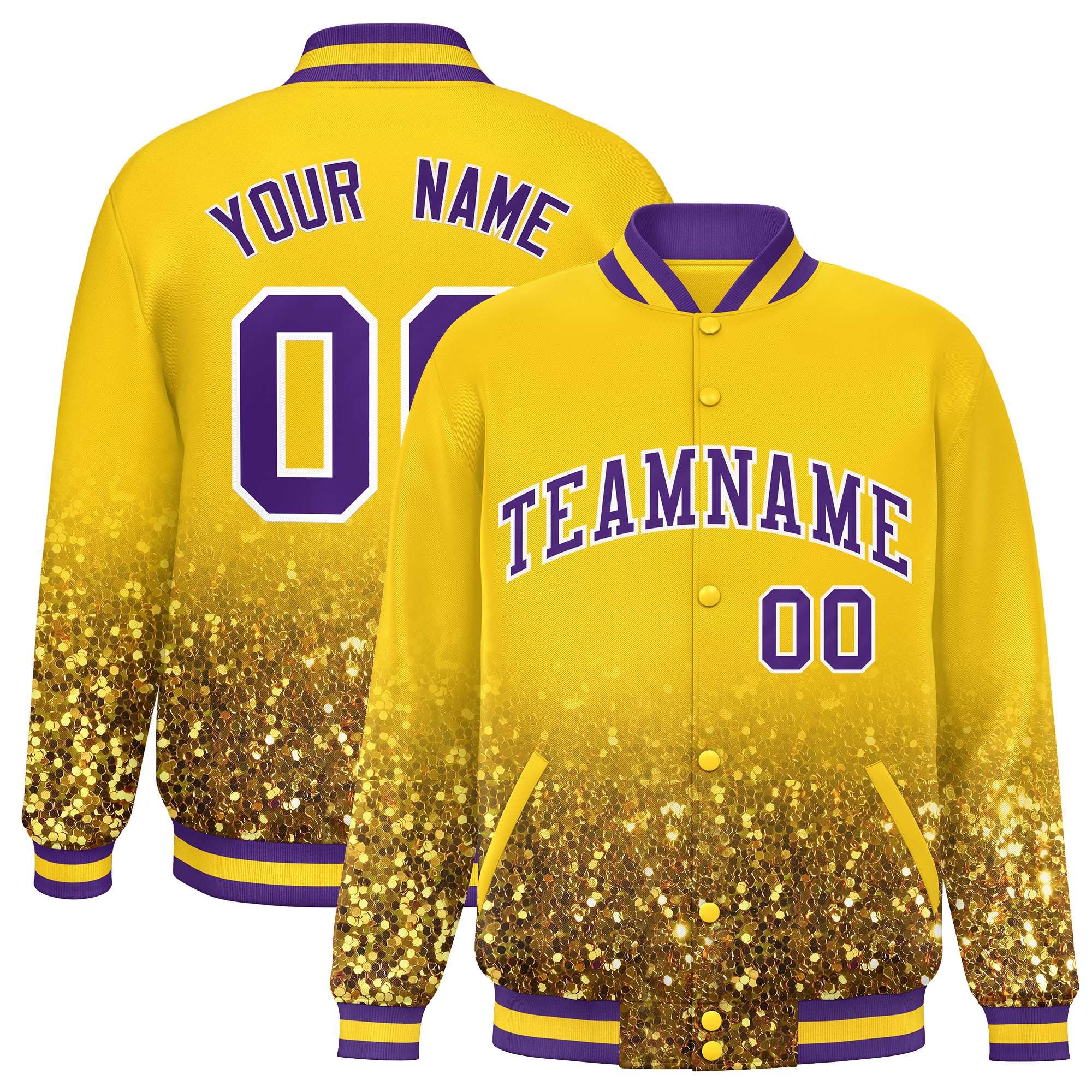 Custom Gold Varsity Full-Snap Sequins Pattern Letterman Baseball Jacket