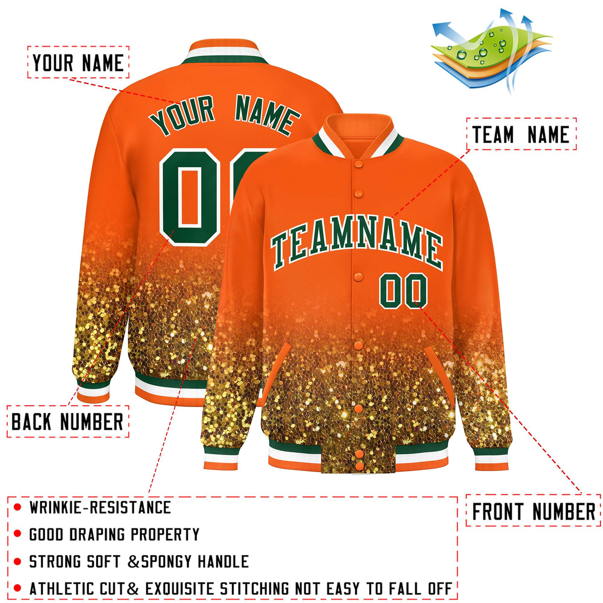 Custom Orange Varsity Full-Snap Sequins Pattern Letterman Baseball Jacket