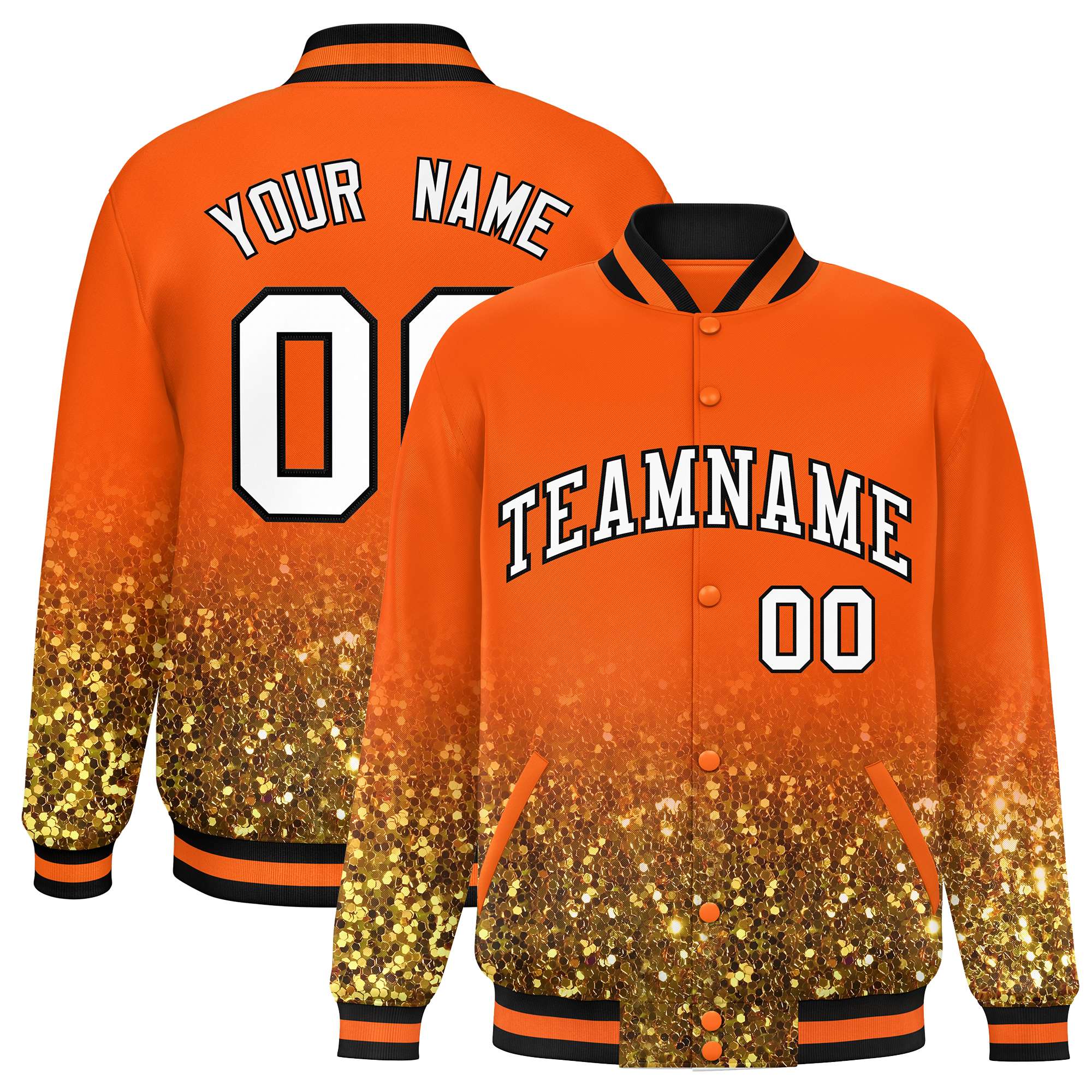 Custom Orange Varsity Full-Snap Sequins Pattern Letterman Baseball Jacket