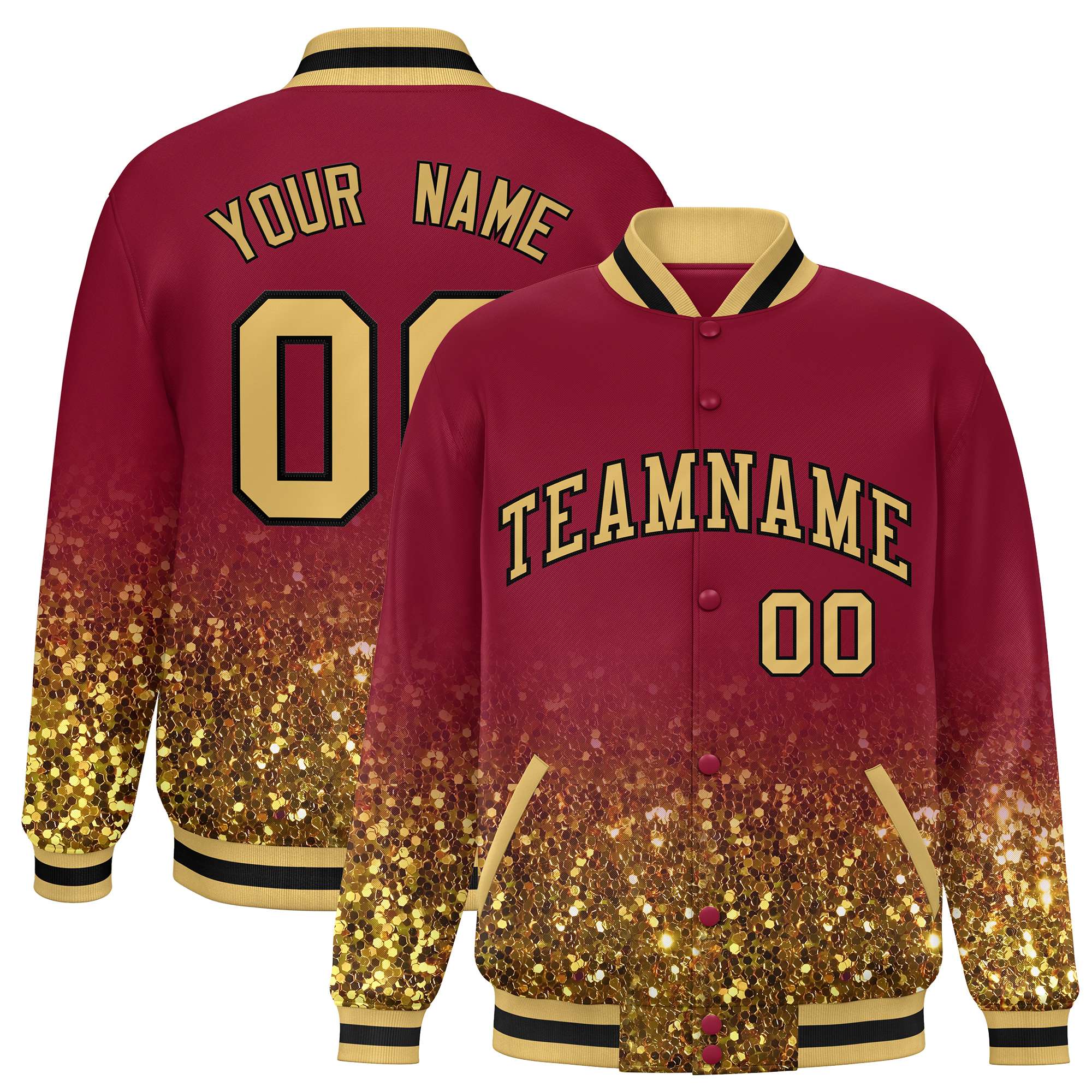 Custom Crimson Varsity Full-Snap Sequins Pattern Letterman Baseball Jacket