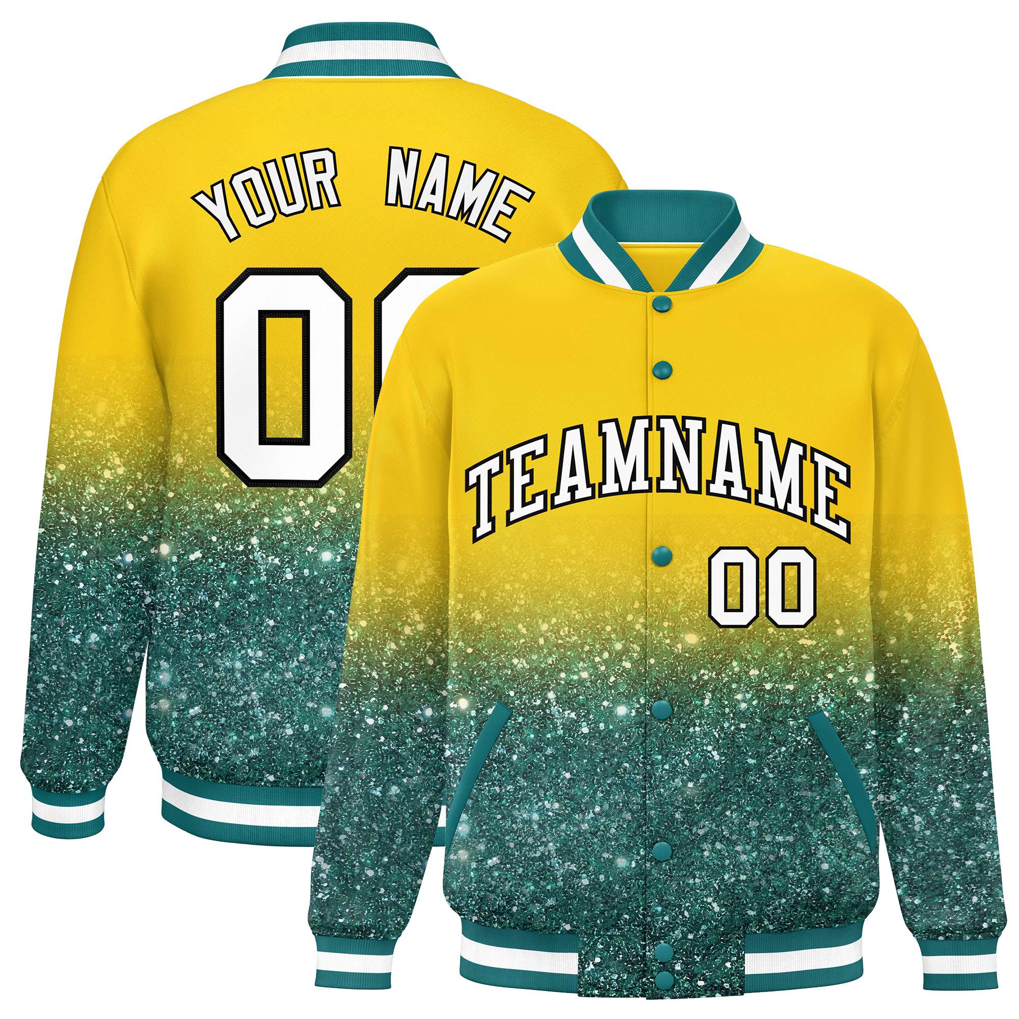 Custom Gold Varsity Full-Snap Sequins Pattern Letterman Baseball Jacket