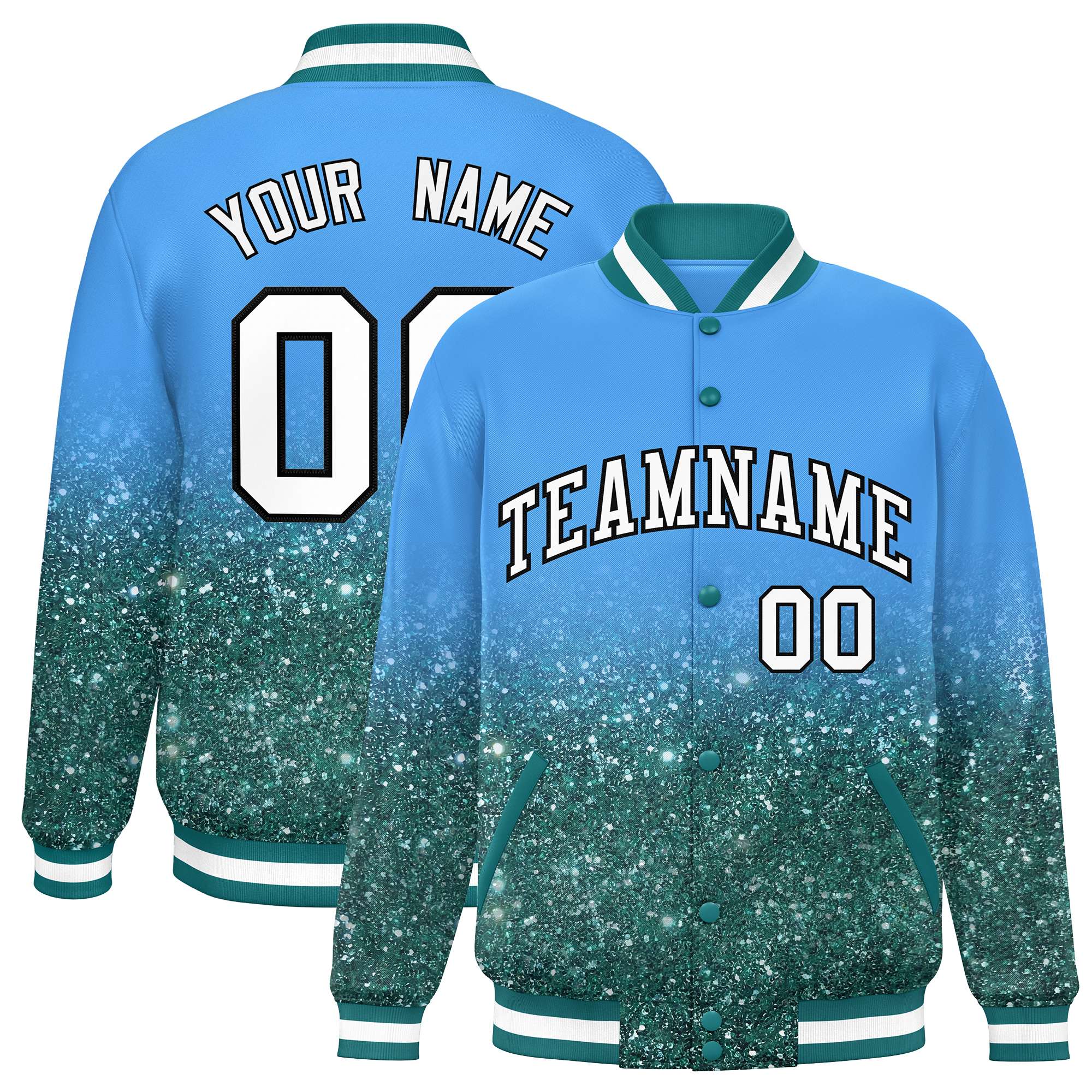 Custom Powder Blue Varsity Full-Snap Sequins Pattern Letterman Baseball Jacket