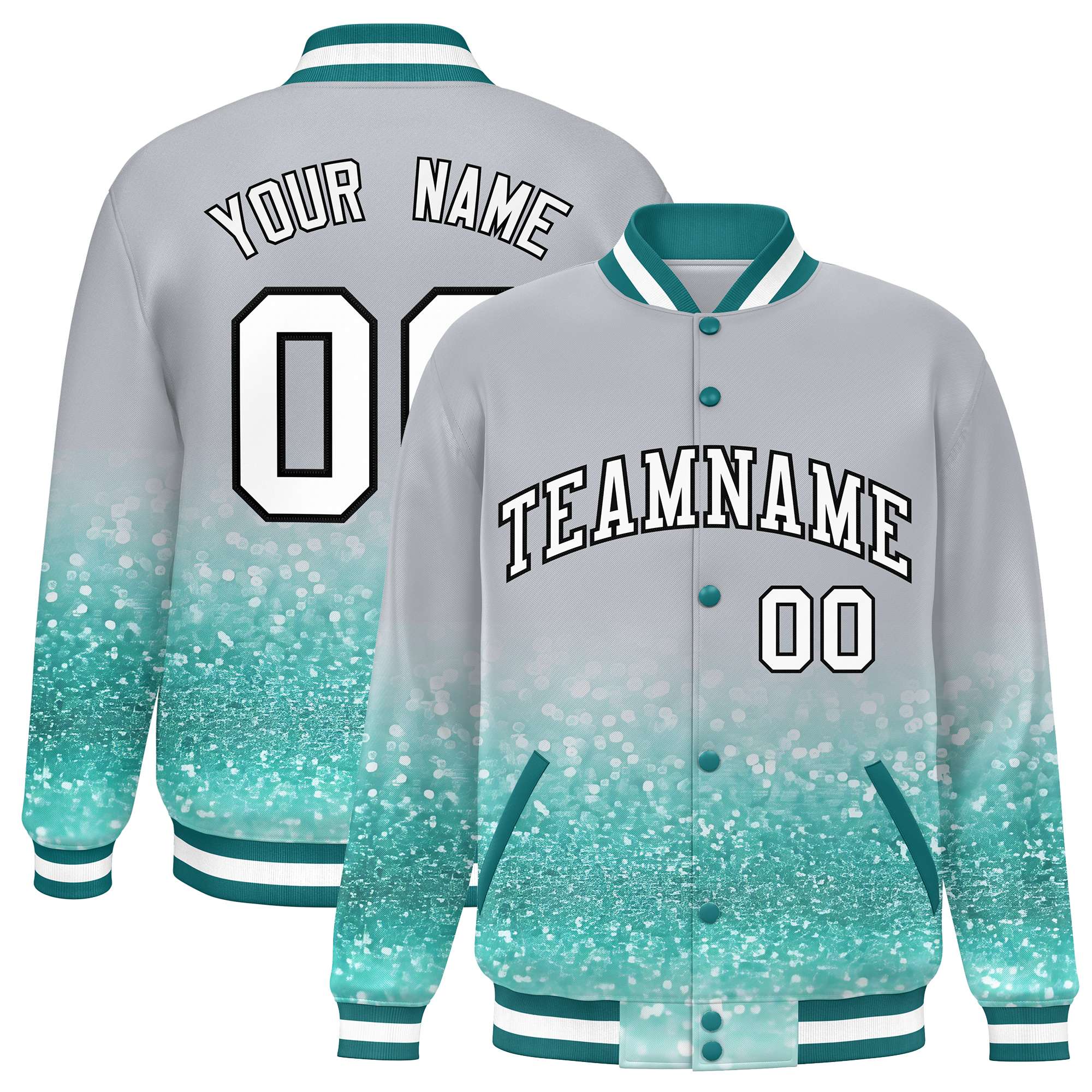 Custom Gray Varsity Full-Snap Sequins Pattern Letterman Baseball Jacket