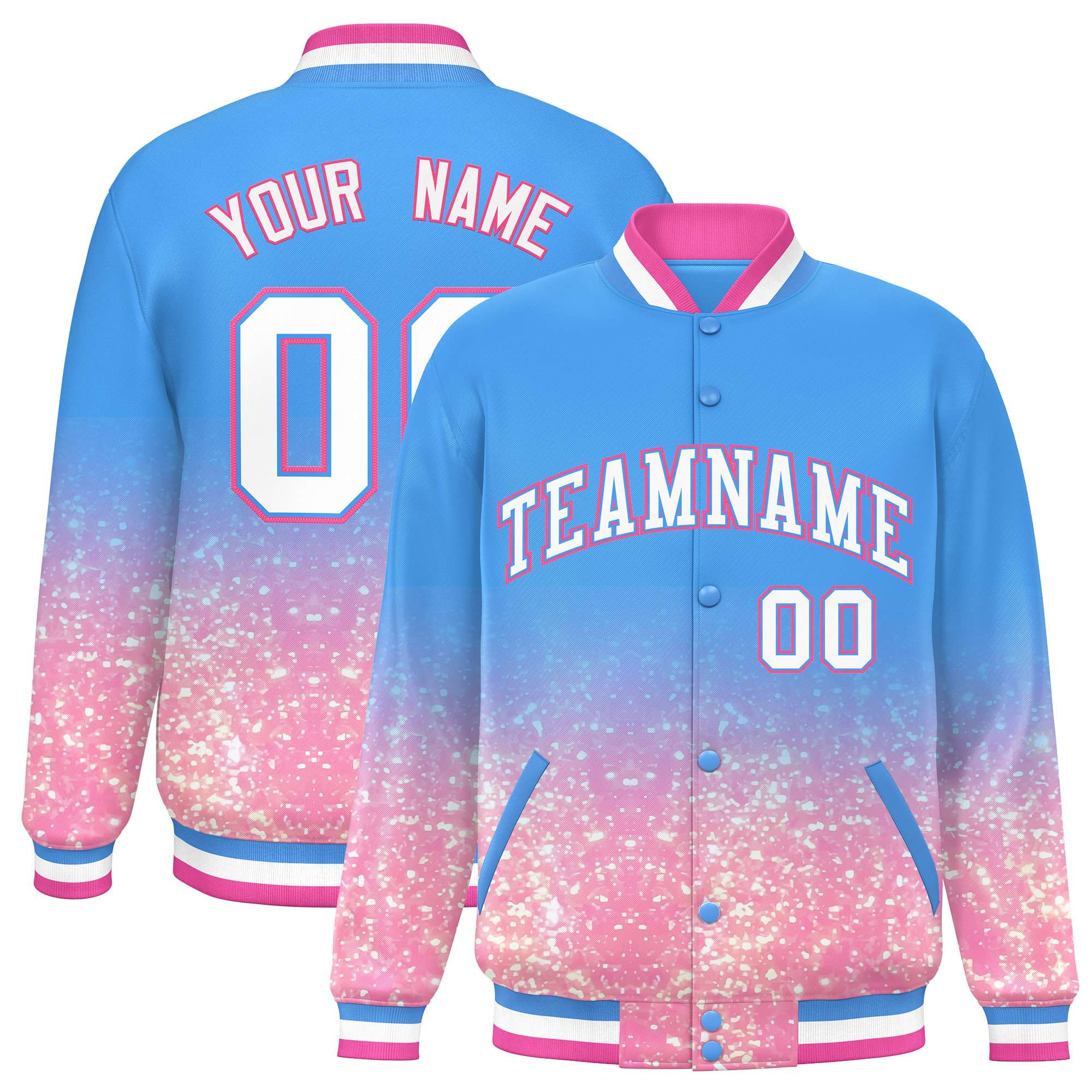 Custom Powder Blue Varsity Full-Snap Sequins Pattern Letterman Baseball Jacket