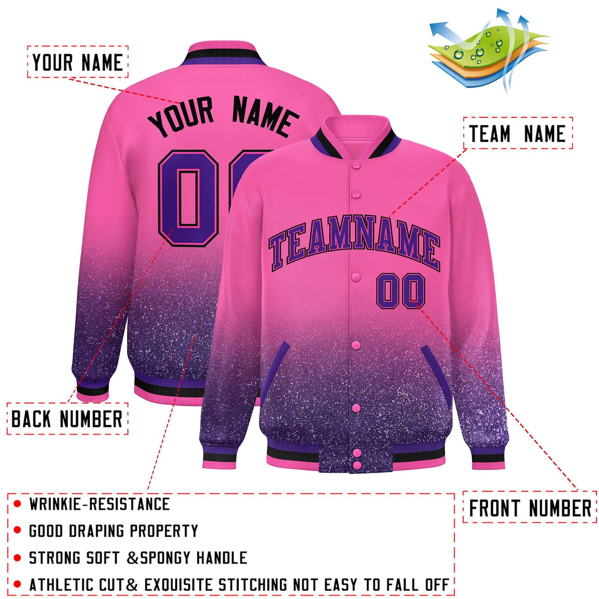 Custom Pink Varsity Full-Snap Sequins Pattern Letterman Baseball Jacket