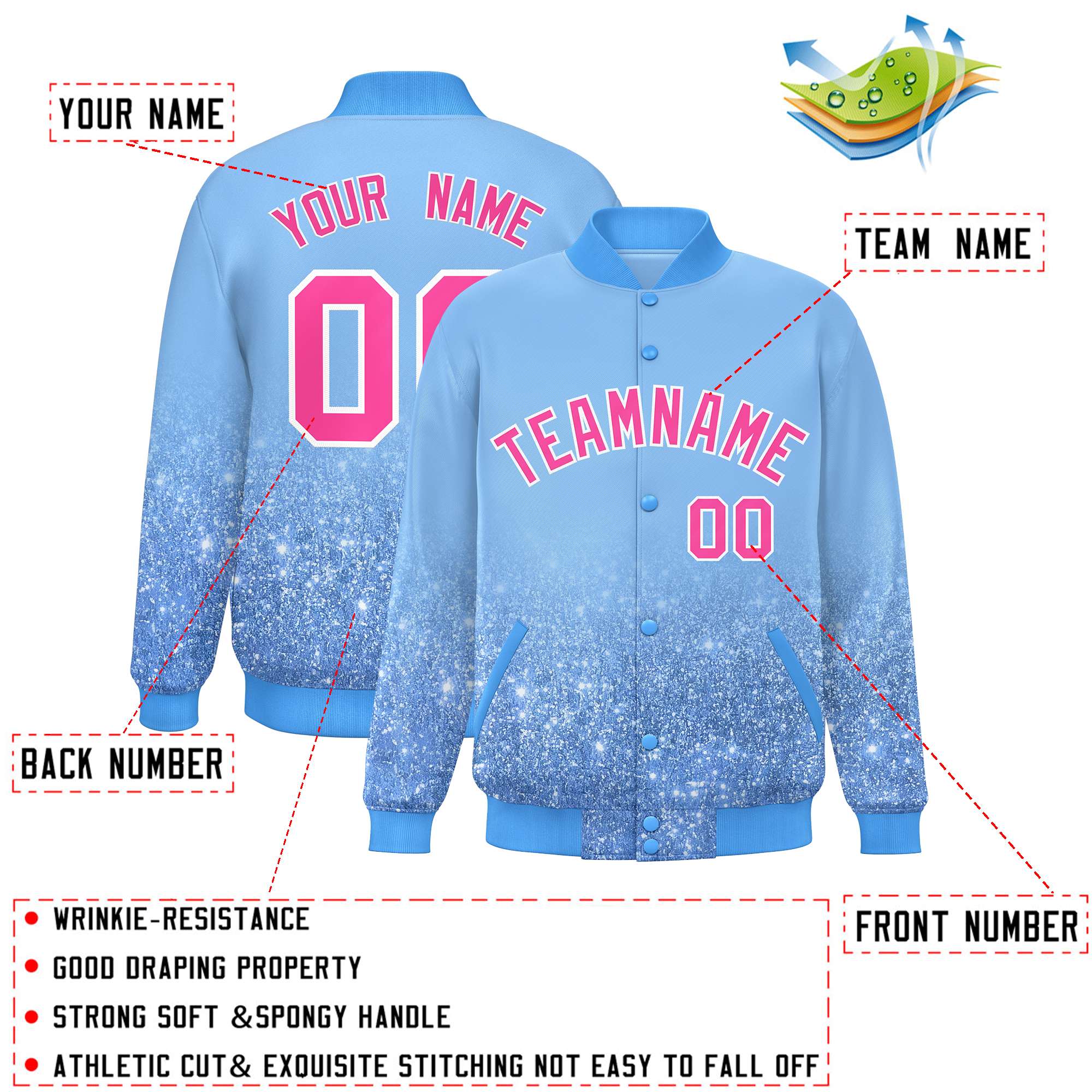 Custom Light Blue Varsity Full-Snap Sequins Pattern Letterman Baseball Jacket