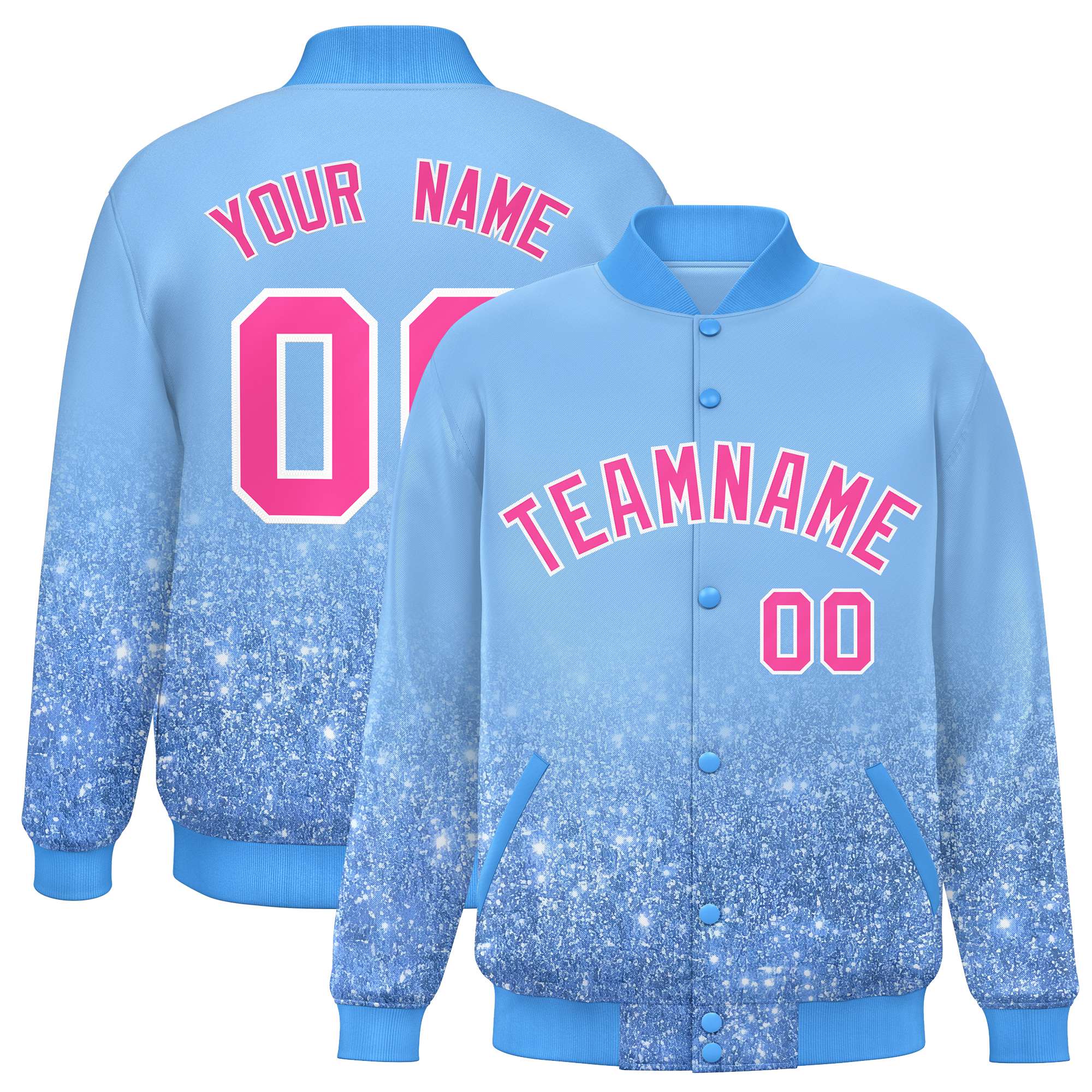 Custom Light Blue Varsity Full-Snap Sequins Pattern Letterman Baseball Jacket