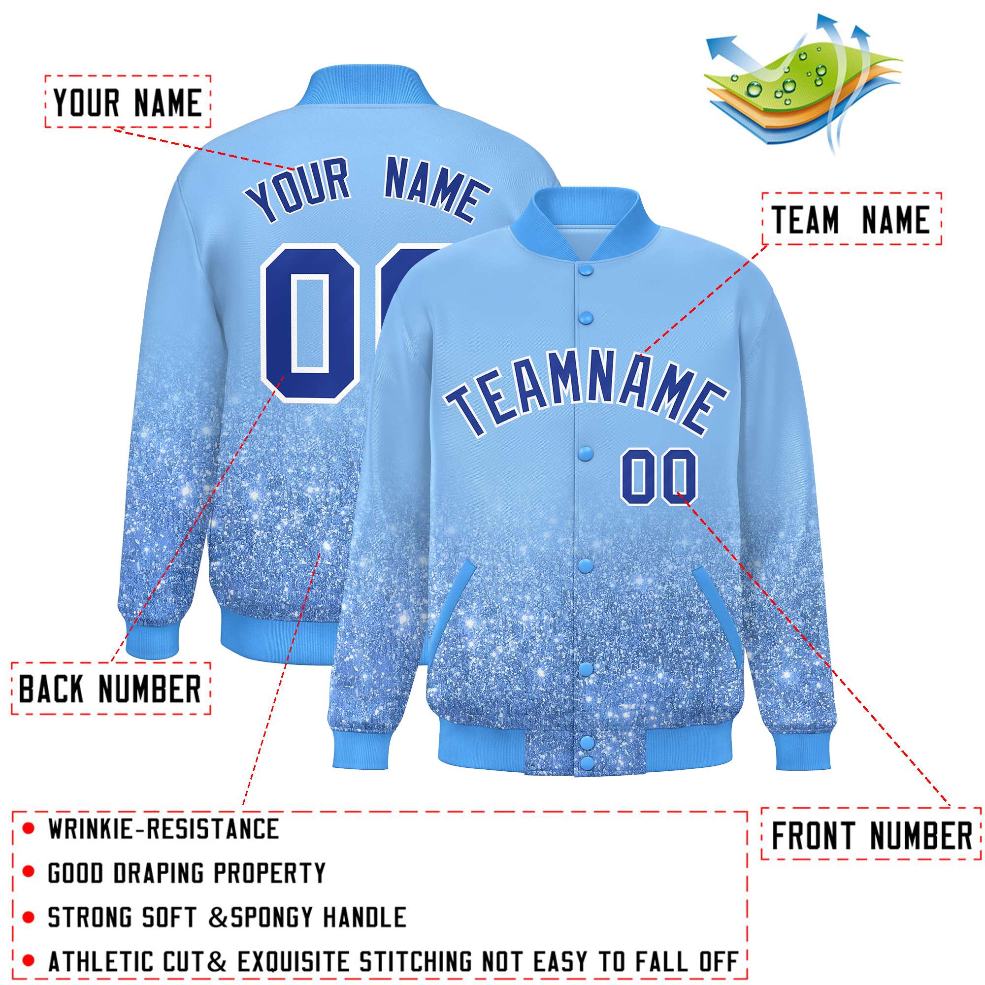 Custom Light Blue Varsity Full-Snap Sequins Pattern Letterman Baseball Jacket