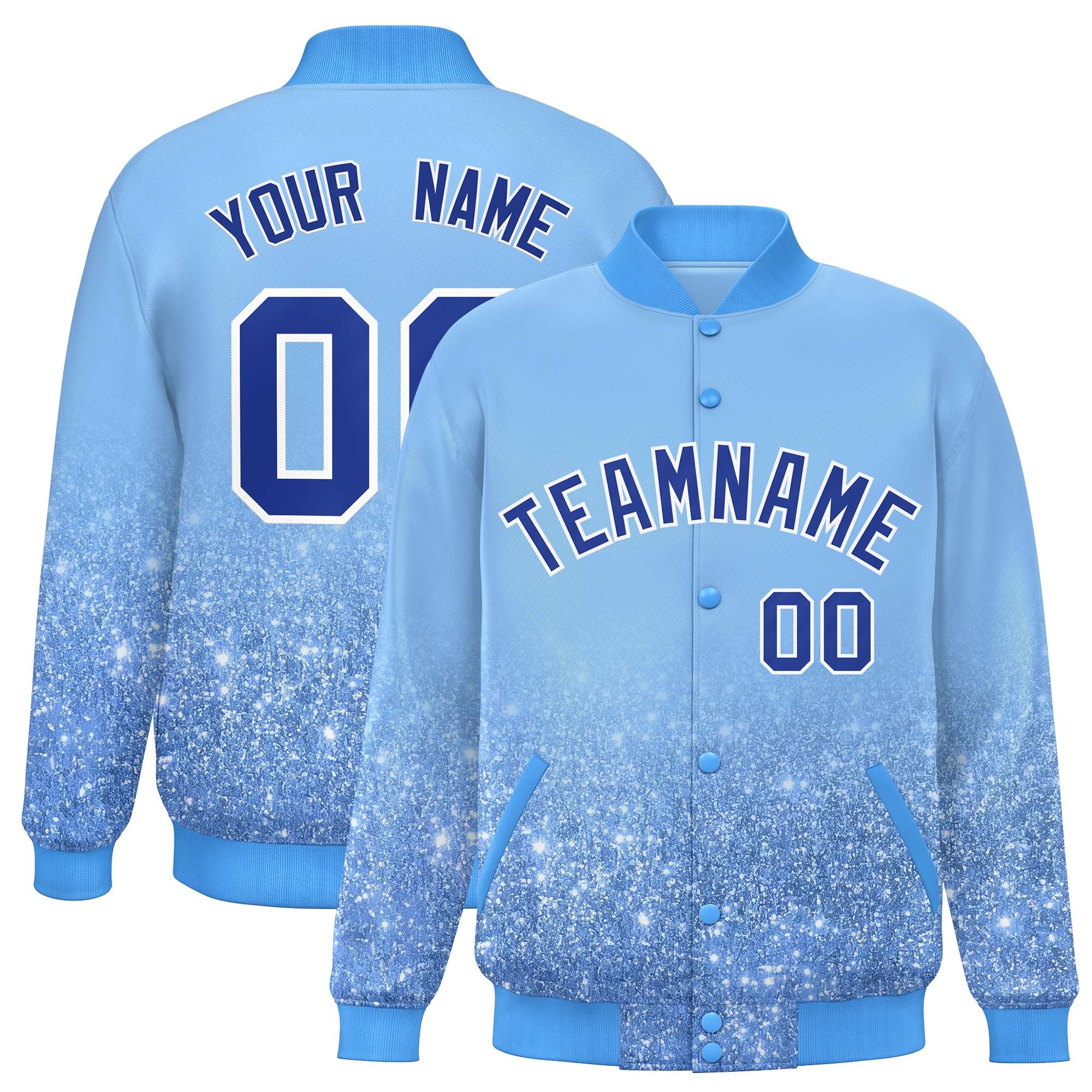 Custom Light Blue Varsity Full-Snap Sequins Pattern Letterman Baseball Jacket