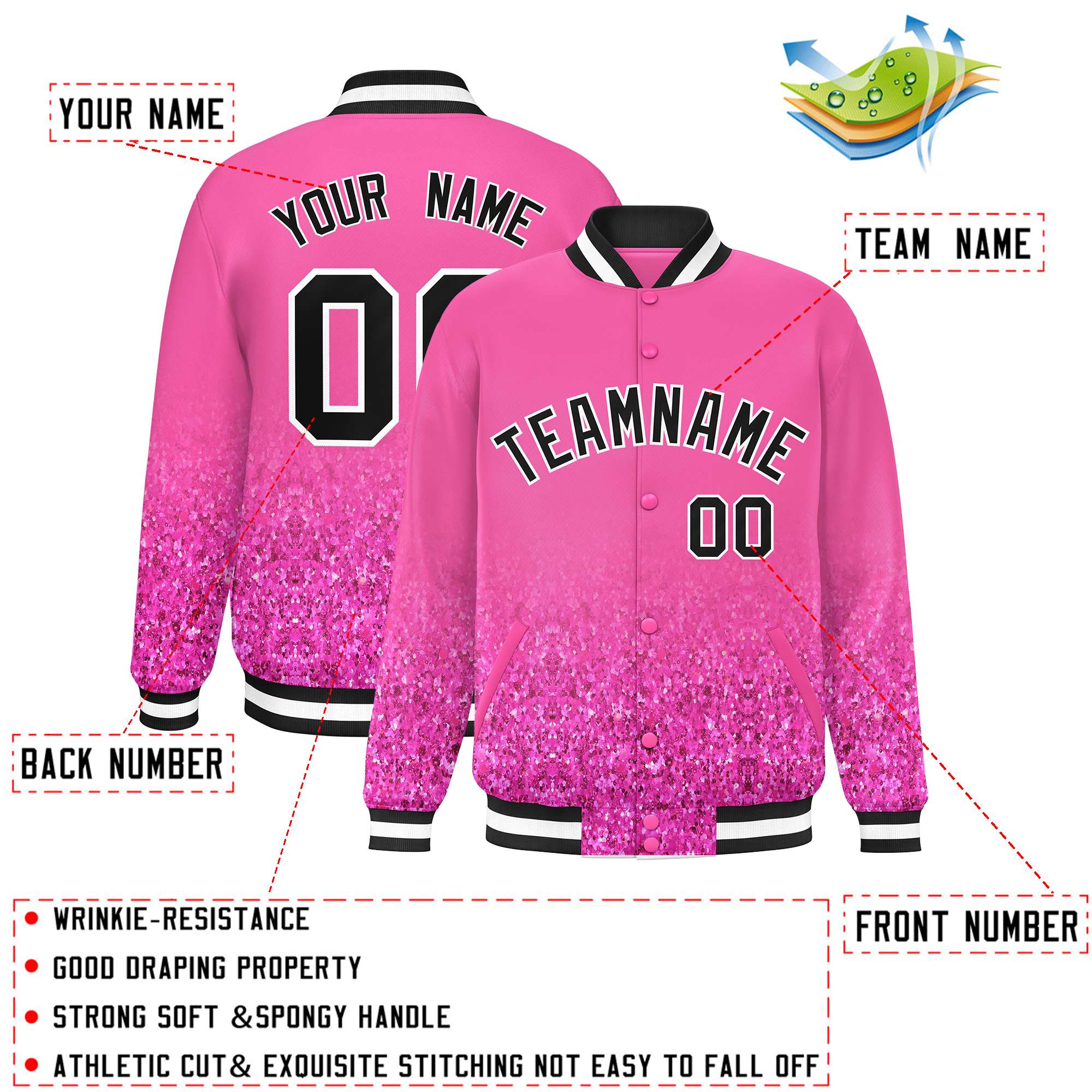 Custom Pink Varsity Full-Snap Sequins Pattern Letterman Baseball Jacket