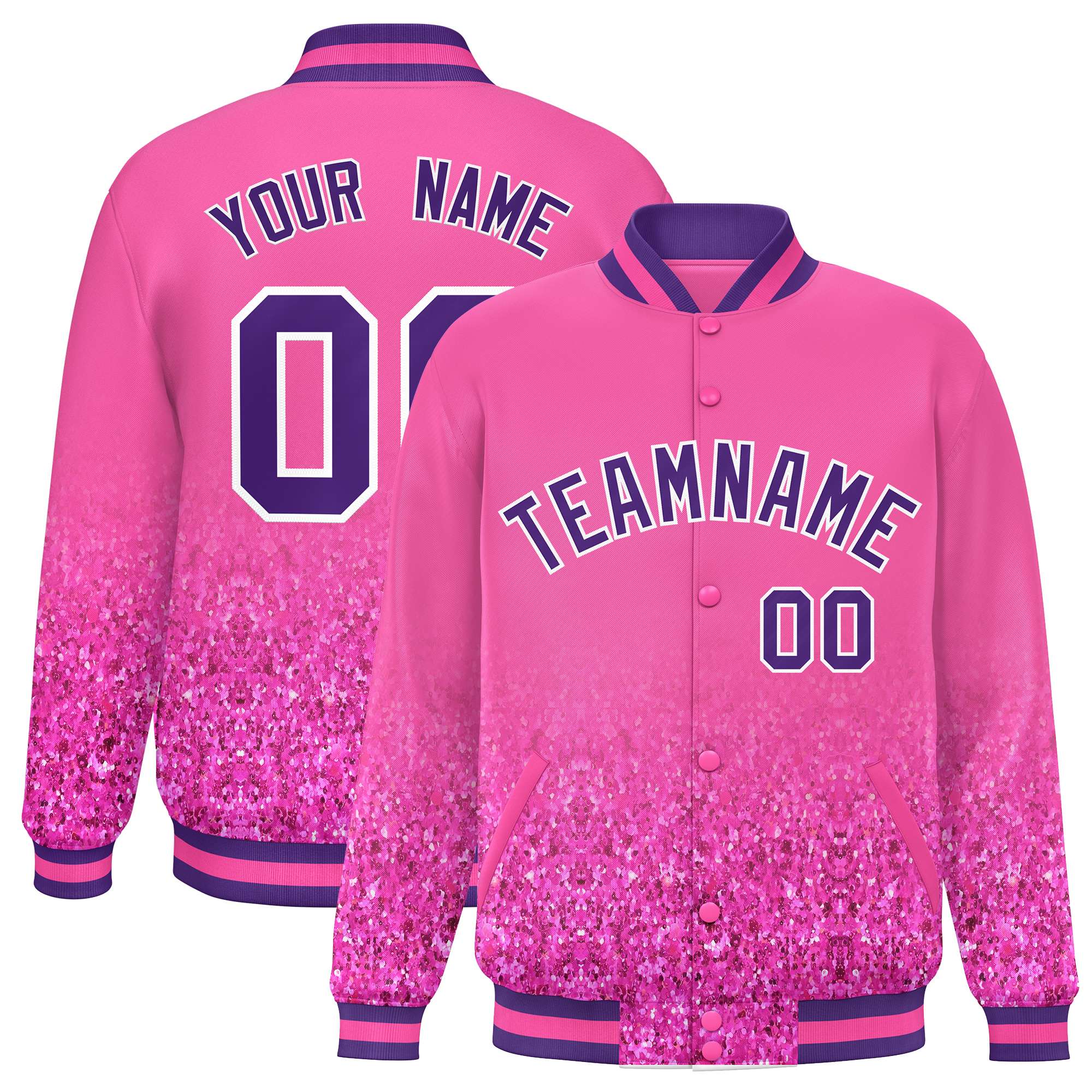 Custom Pink Varsity Full-Snap Sequins Pattern Letterman Baseball Jacket