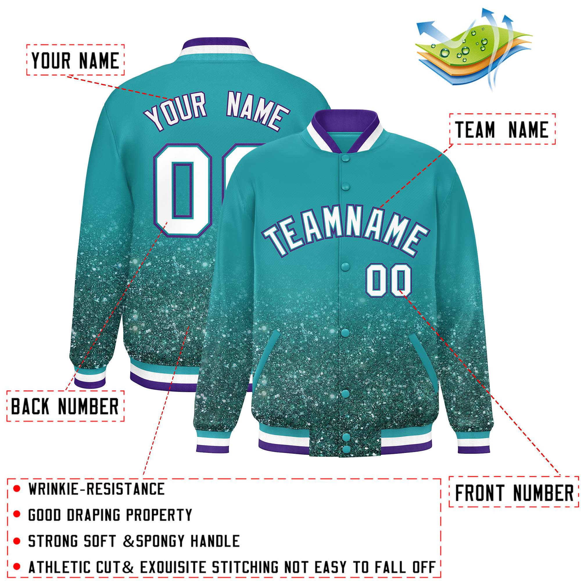 Custom Aqua Varsity Full-Snap Sequins Pattern Letterman Baseball Jacket