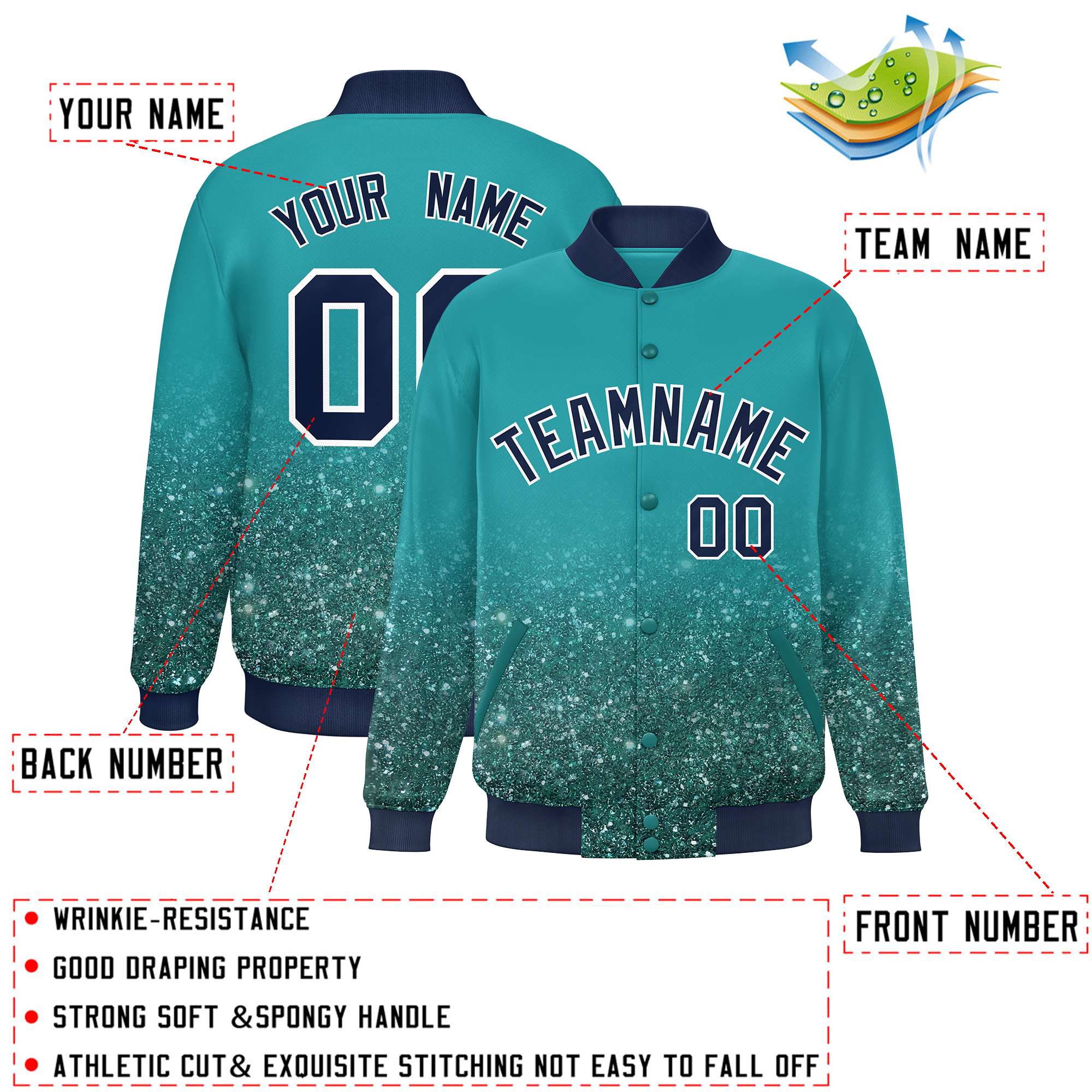 Custom Aqua Varsity Full-Snap Sequins Pattern Letterman Baseball Jacket