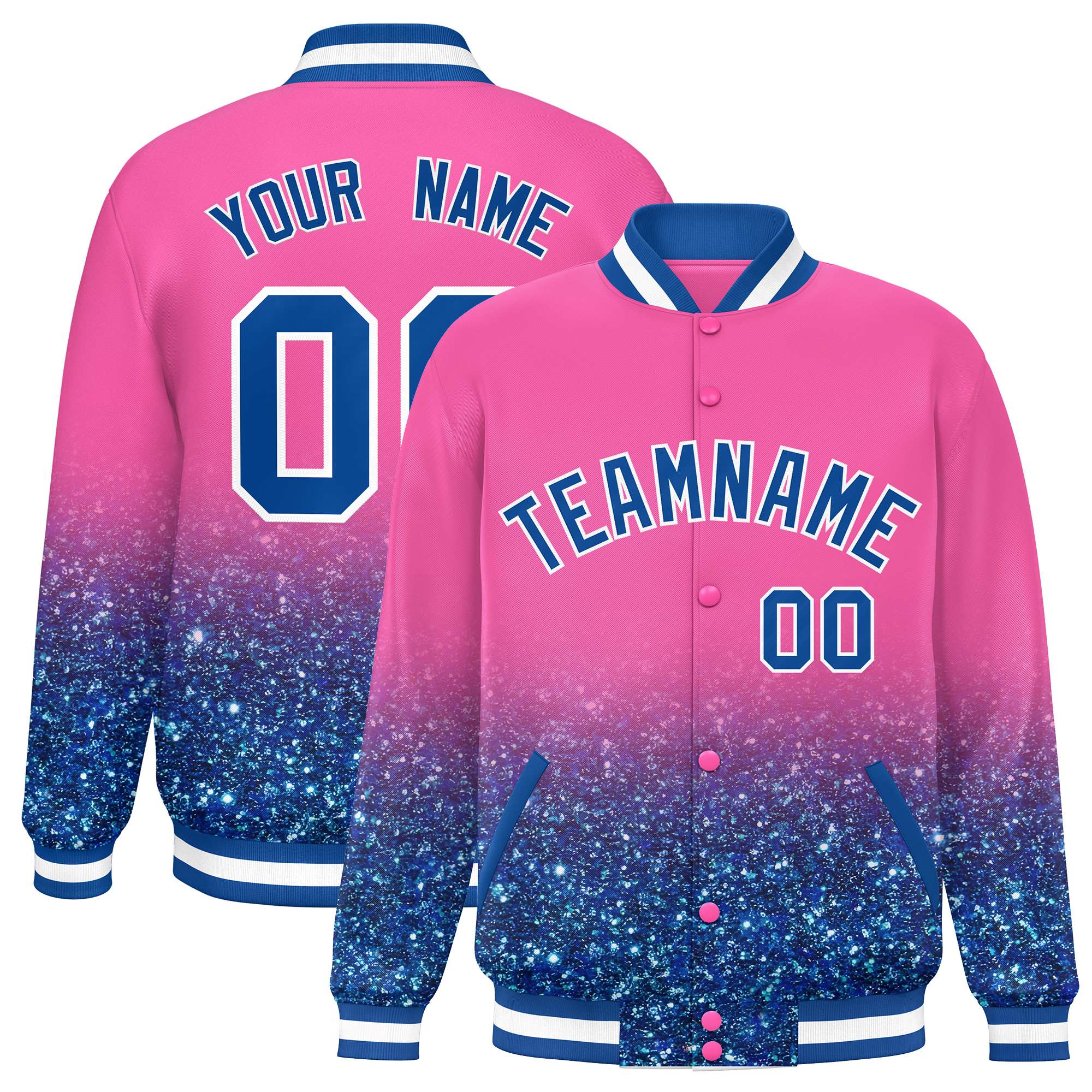 Custom Pink Varsity Full-Snap Sequins Pattern Letterman Baseball Jacket