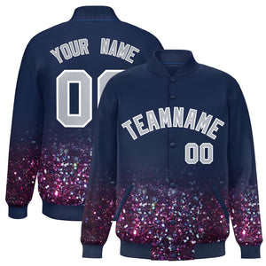 Custom Navy Varsity Full-Snap Sequins Pattern Letterman Baseball Jacket