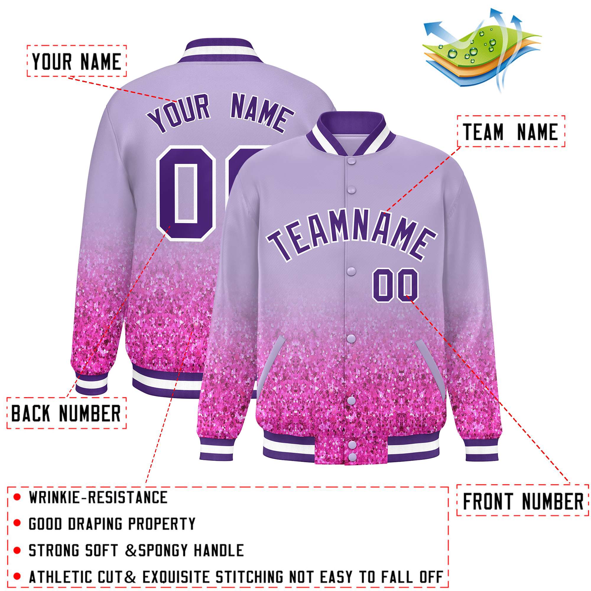 Custom Light Purple Varsity Full-Snap Sequins Pattern Letterman Baseball Jacket