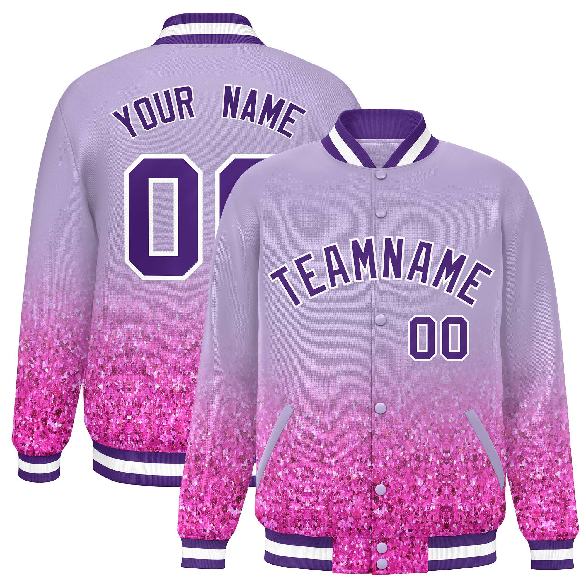 Custom Light Purple Varsity Full-Snap Sequins Pattern Letterman Baseball Jacket