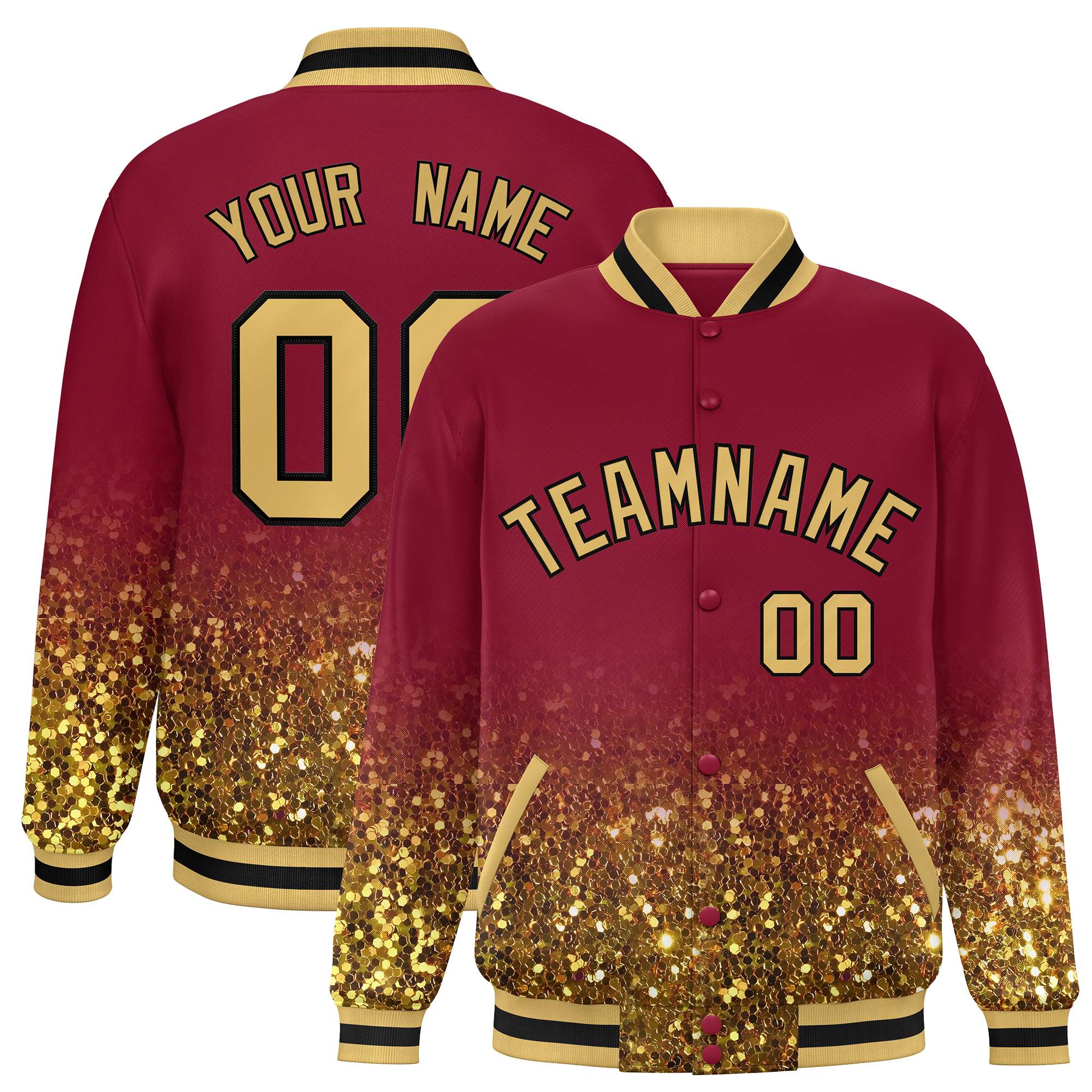 Custom Crimson Varsity Full-Snap Sequins Pattern Letterman Baseball Jacket