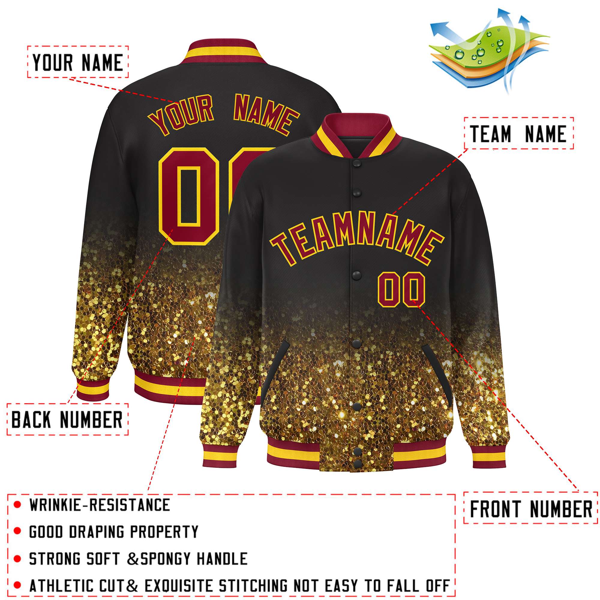 Custom Brown Varsity Full-Snap Sequins Pattern Letterman Baseball Jacket