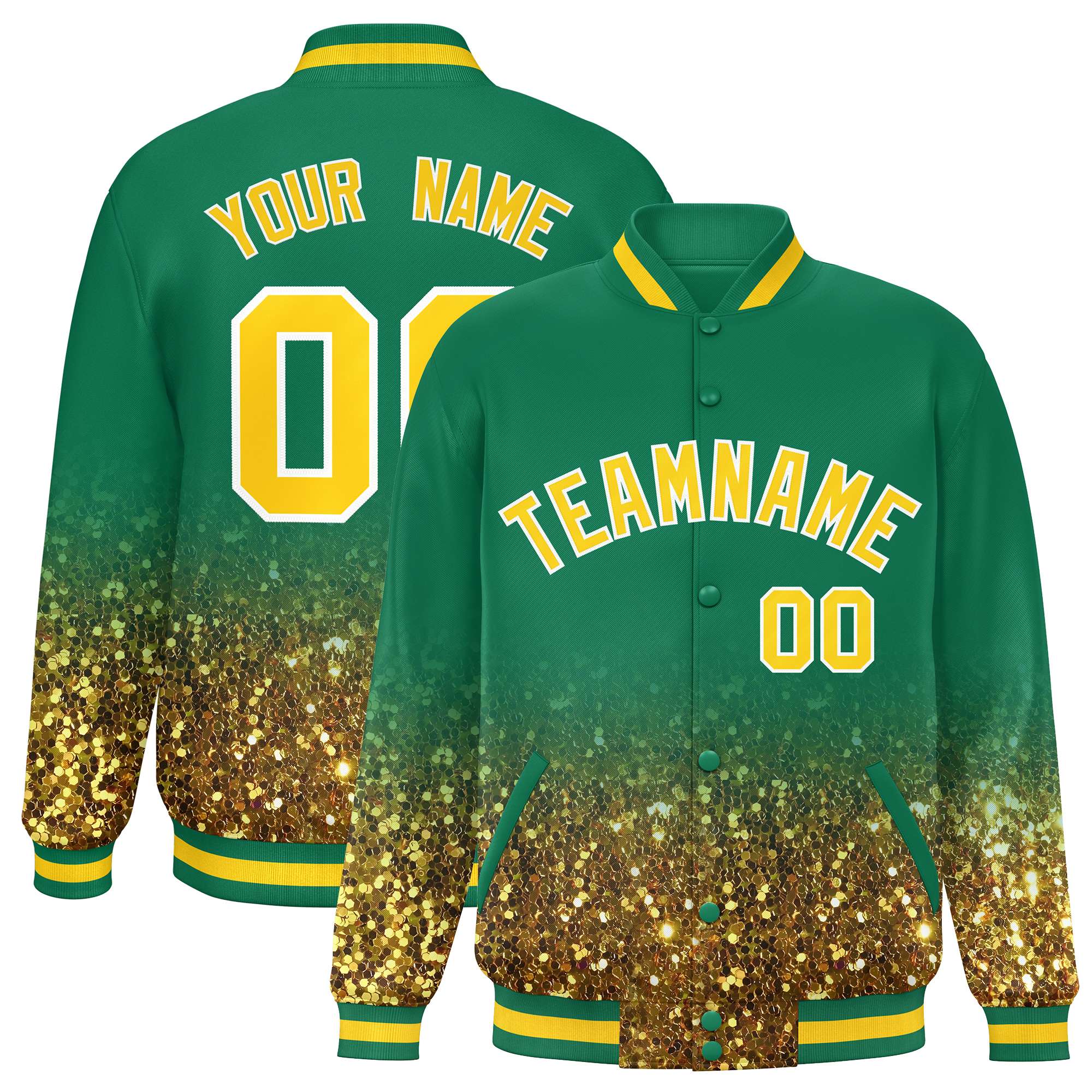 Custom Teal Varsity Full-Snap Sequins Pattern Letterman Baseball Jacket