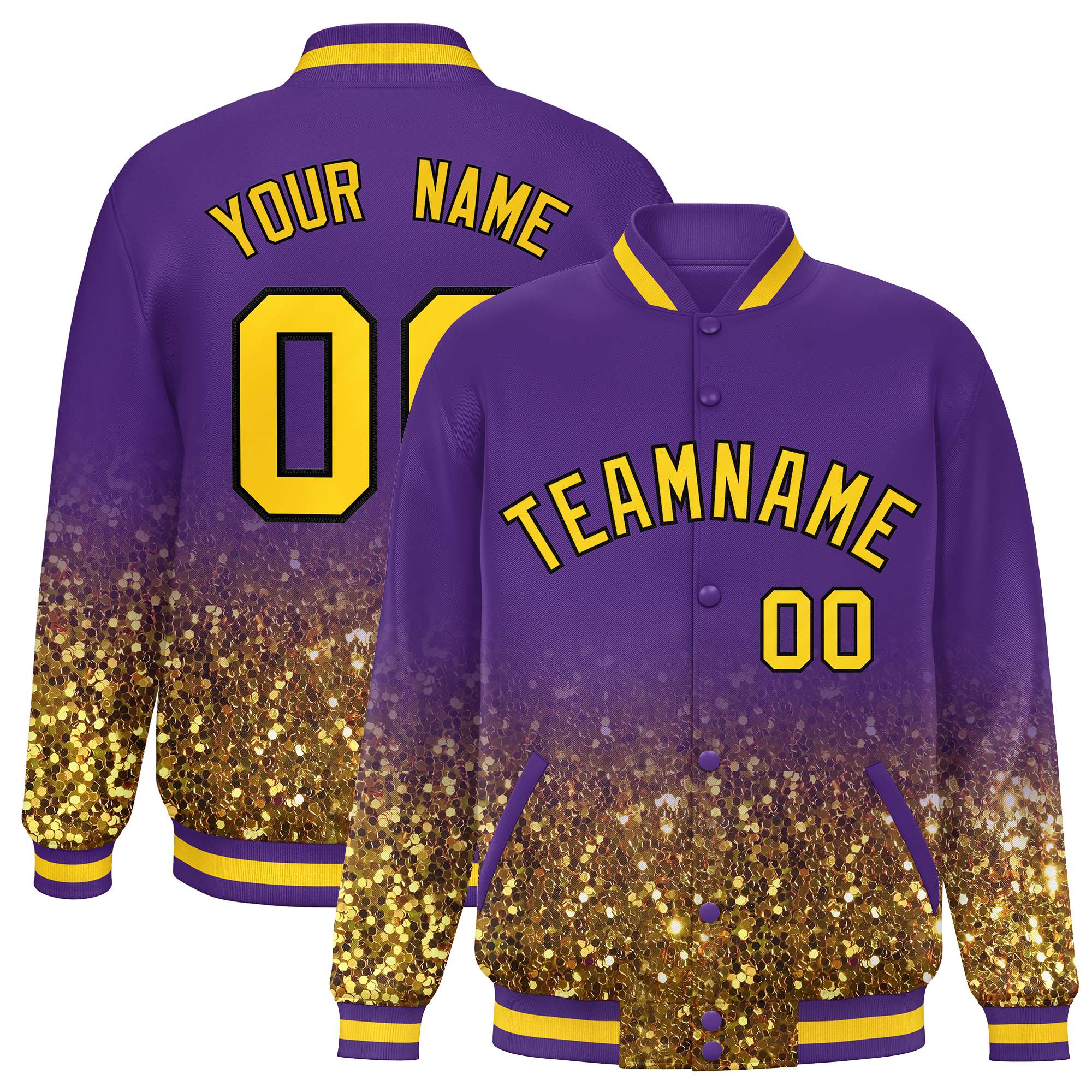 Custom Purple Varsity Full-Snap Sequins Pattern Letterman Baseball Jacket