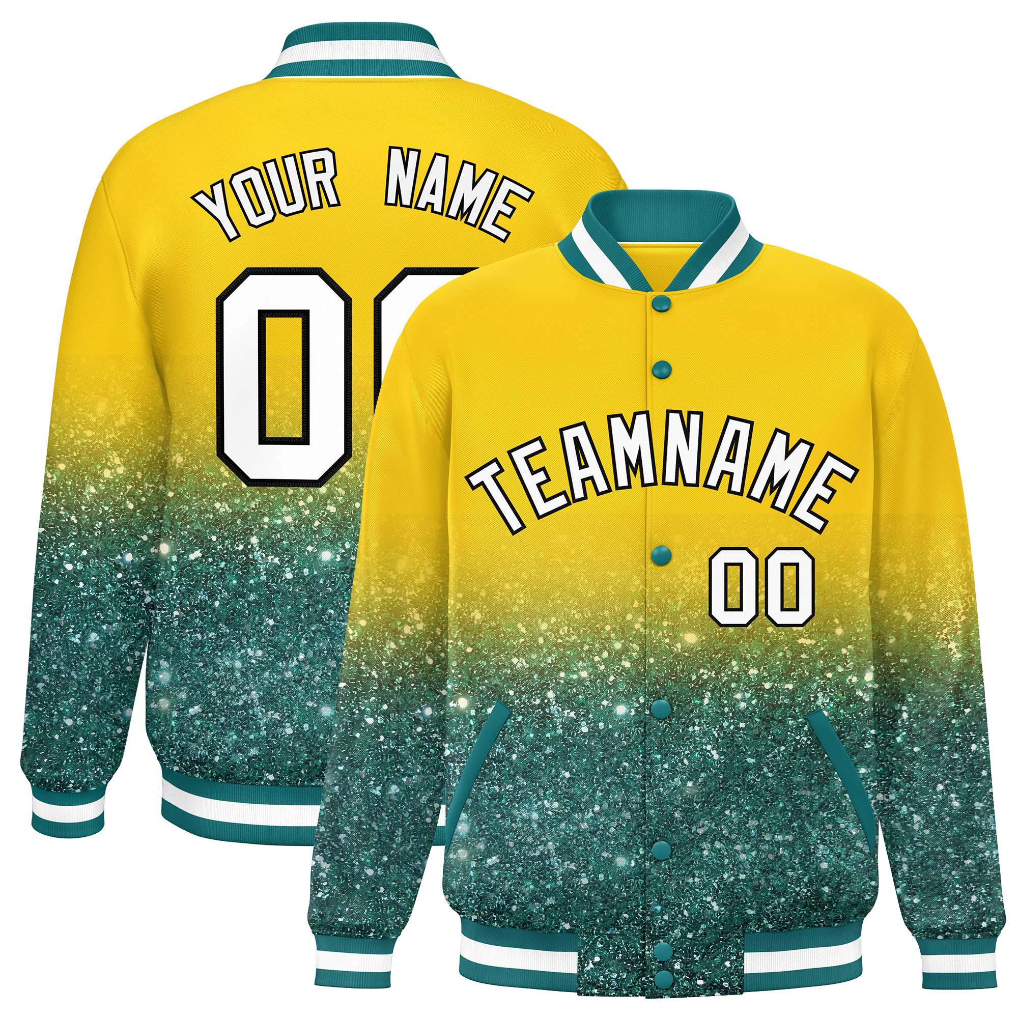 Custom Gold Varsity Full-Snap Sequins Pattern Letterman Baseball Jacket