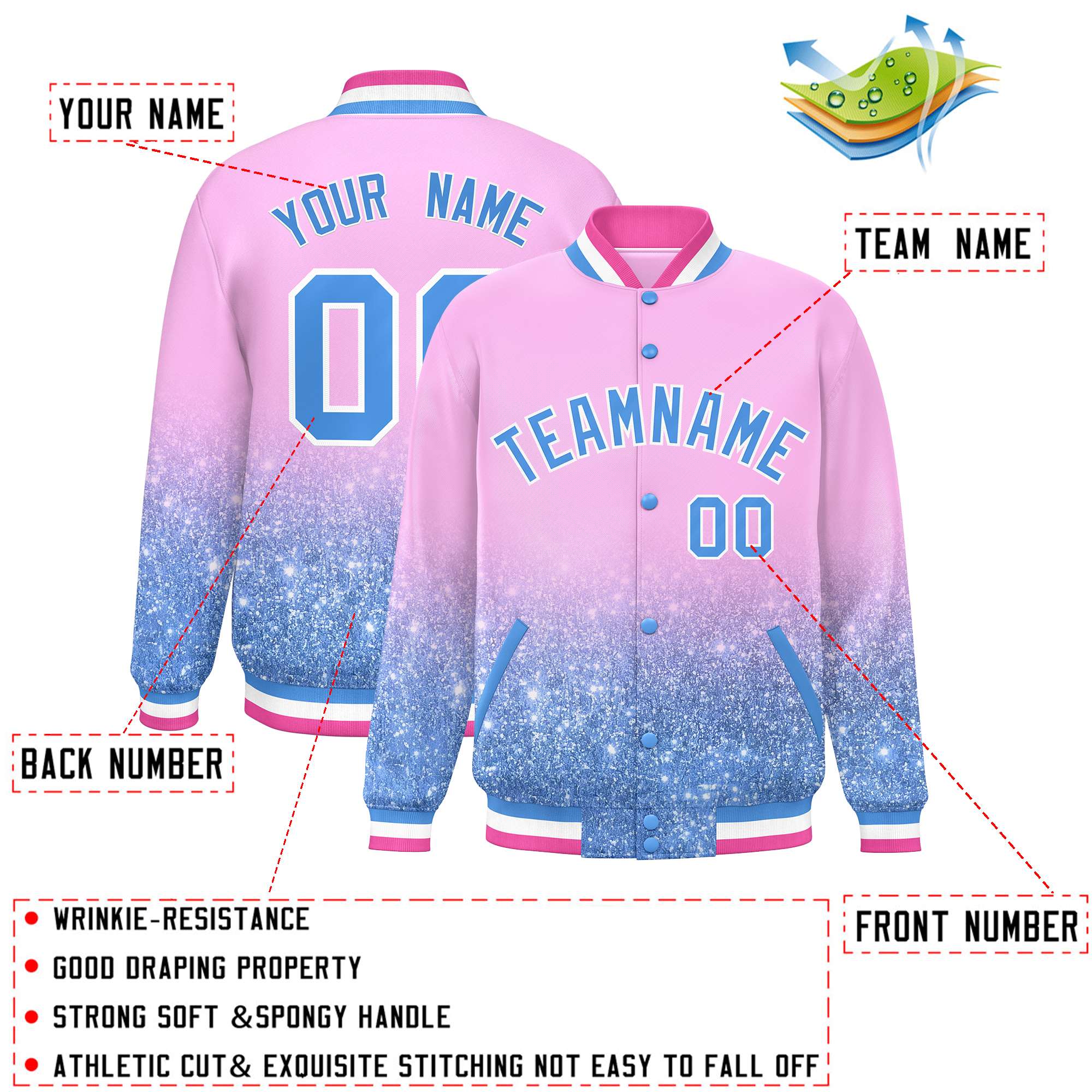 Custom Light Pink Varsity Full-Snap Sequins Pattern Letterman Baseball Jacket