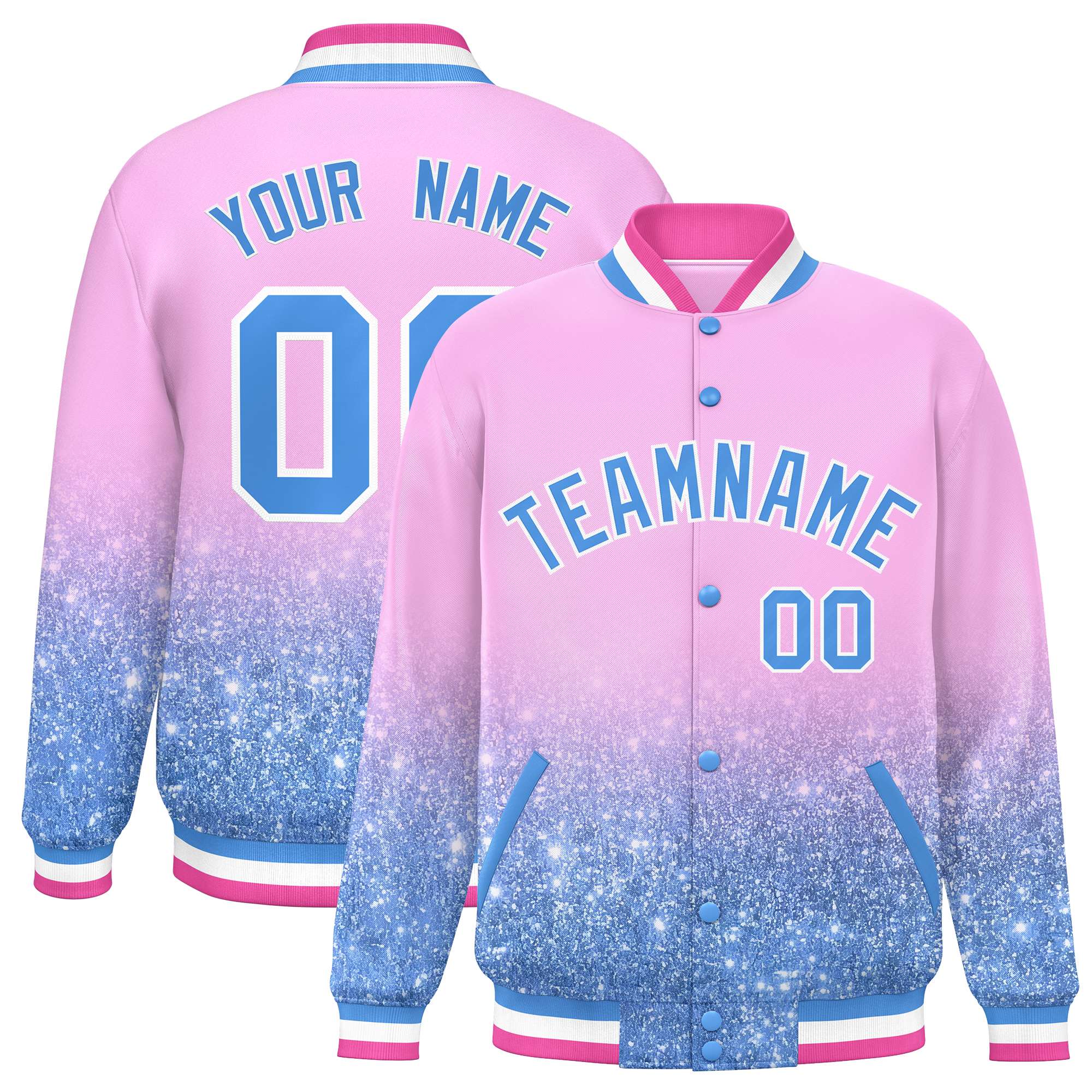 Custom Light Pink Varsity Full-Snap Sequins Pattern Letterman Baseball Jacket