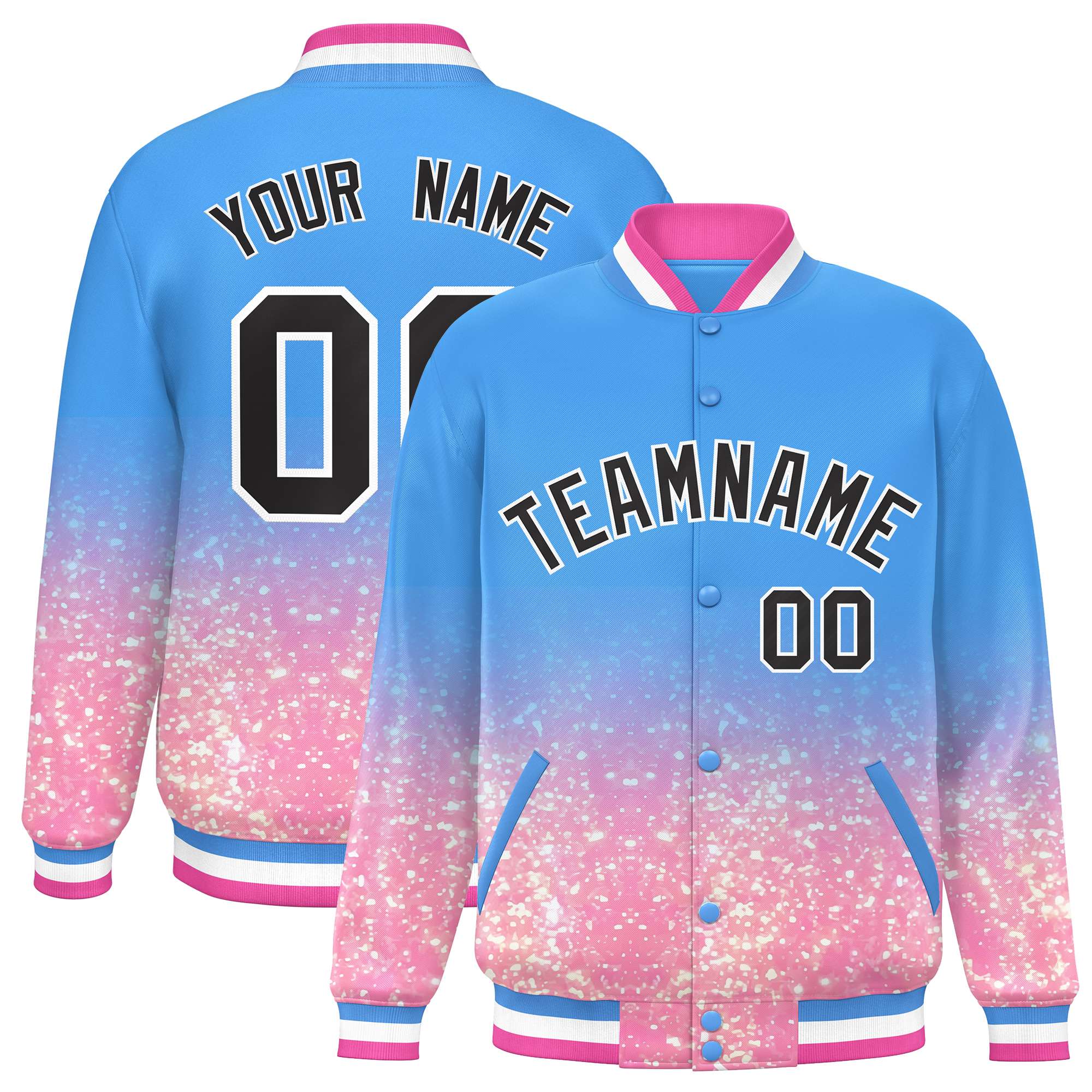 Custom Powder Blue Varsity Full-Snap Sequins Pattern Letterman Baseball Jacket