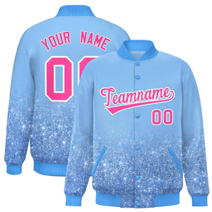 Custom Light Blue Varsity Full-Snap Sequins Pattern Letterman Baseball Jacket