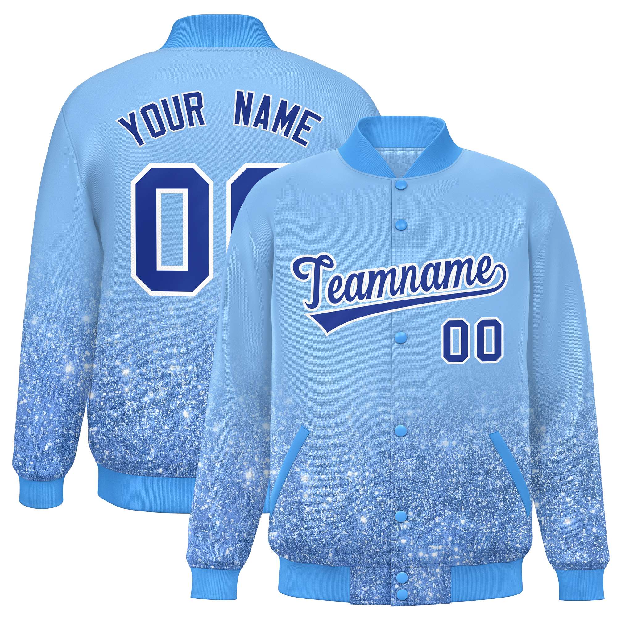 Custom Light Blue Varsity Full-Snap Sequins Pattern Letterman Baseball Jacket