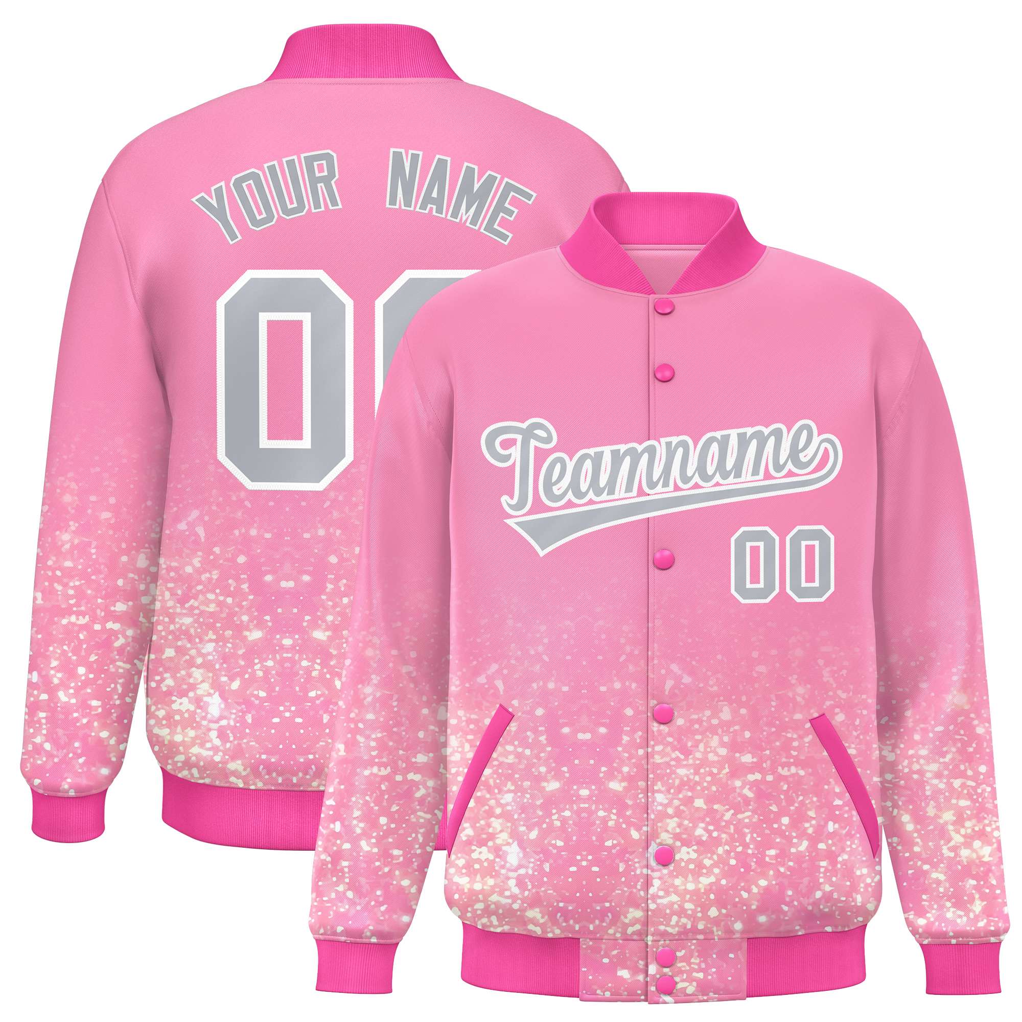 Custom Light Pink Varsity Full-Snap Sequins Pattern Letterman Baseball Jacket