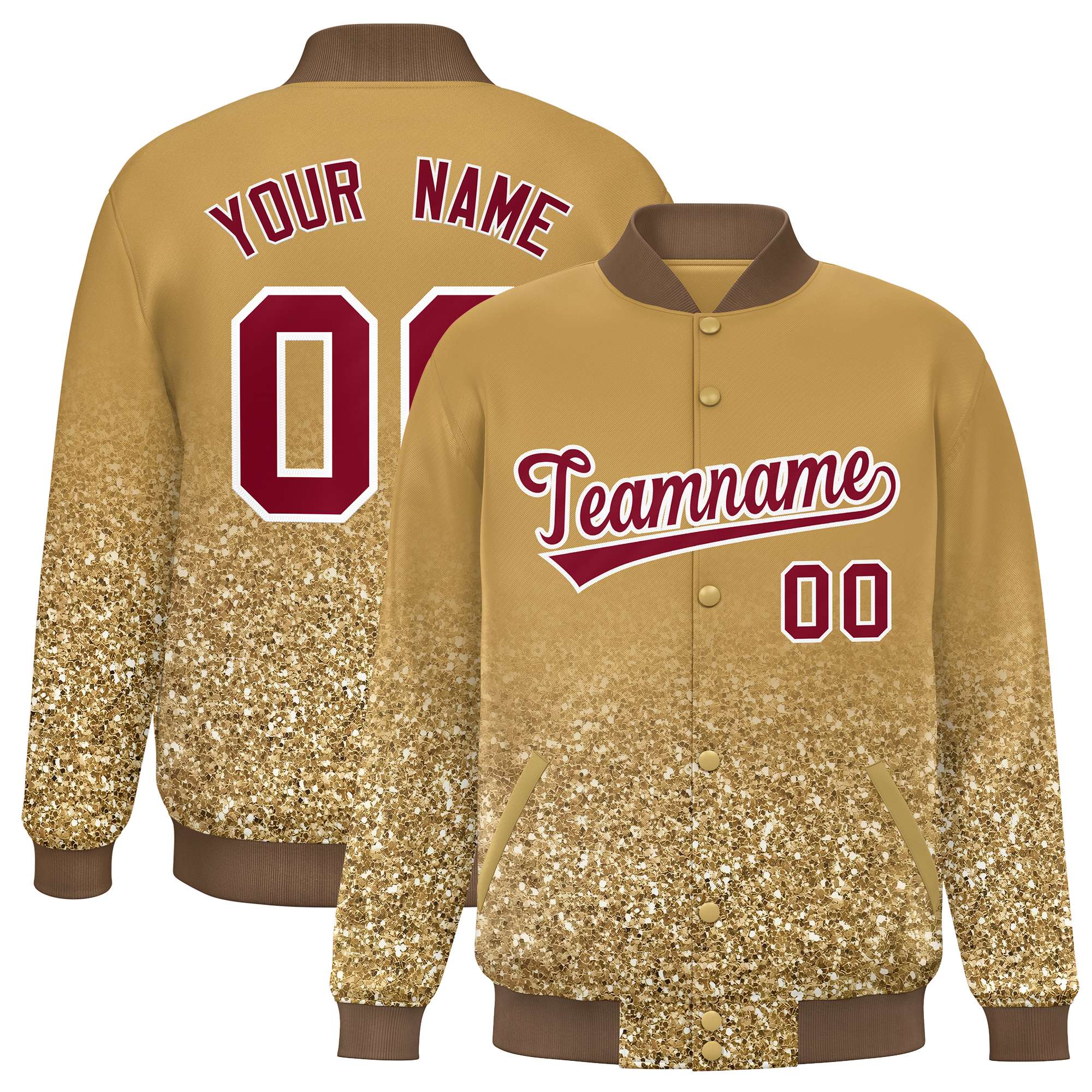 Custom Old Gold Varsity Full-Snap Sequins Pattern Letterman Baseball Jacket