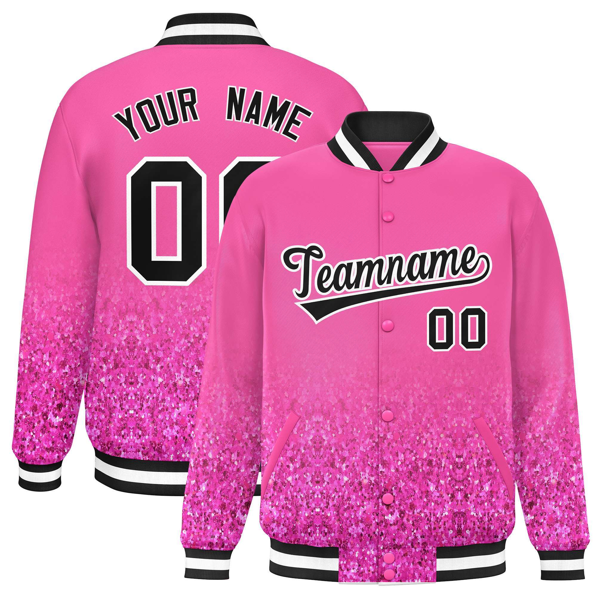 Custom Pink Varsity Full-Snap Sequins Pattern Letterman Baseball Jacket