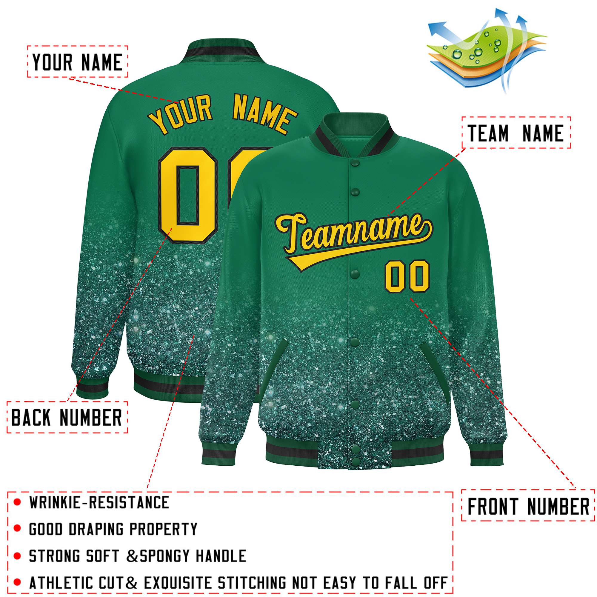 Custom Kelly Green Varsity Full-Snap Sequins Pattern Letterman Baseball Jacket