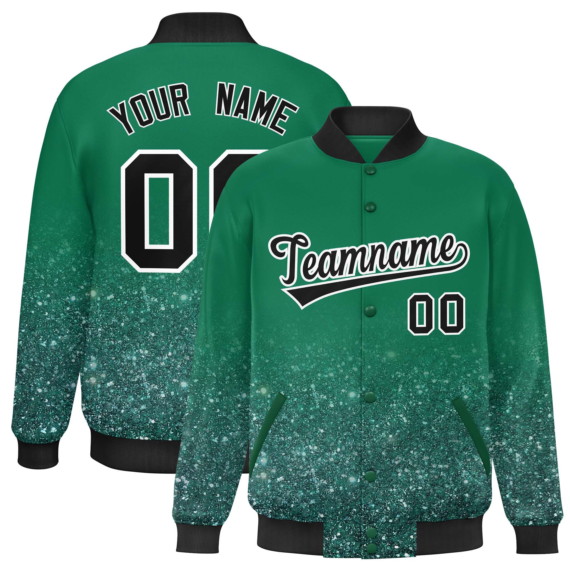 Custom Kelly Green Varsity Full-Snap Sequins Pattern Letterman Baseball Jacket