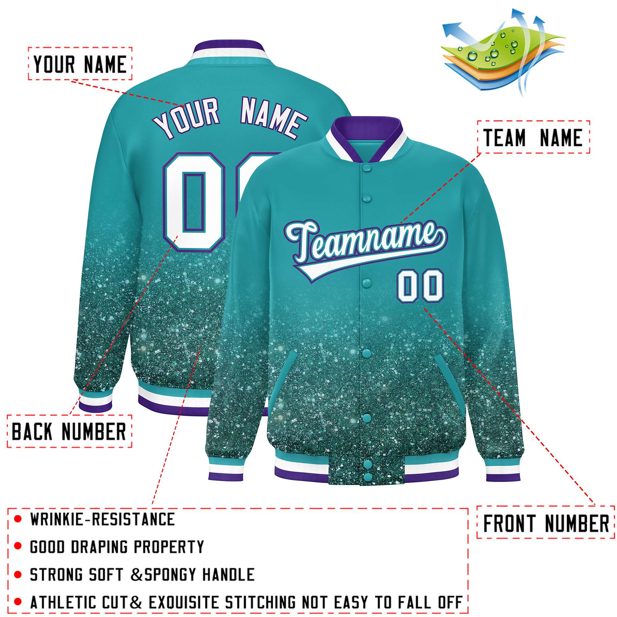 Custom Aqua Varsity Full-Snap Sequins Pattern Letterman Baseball Jacket