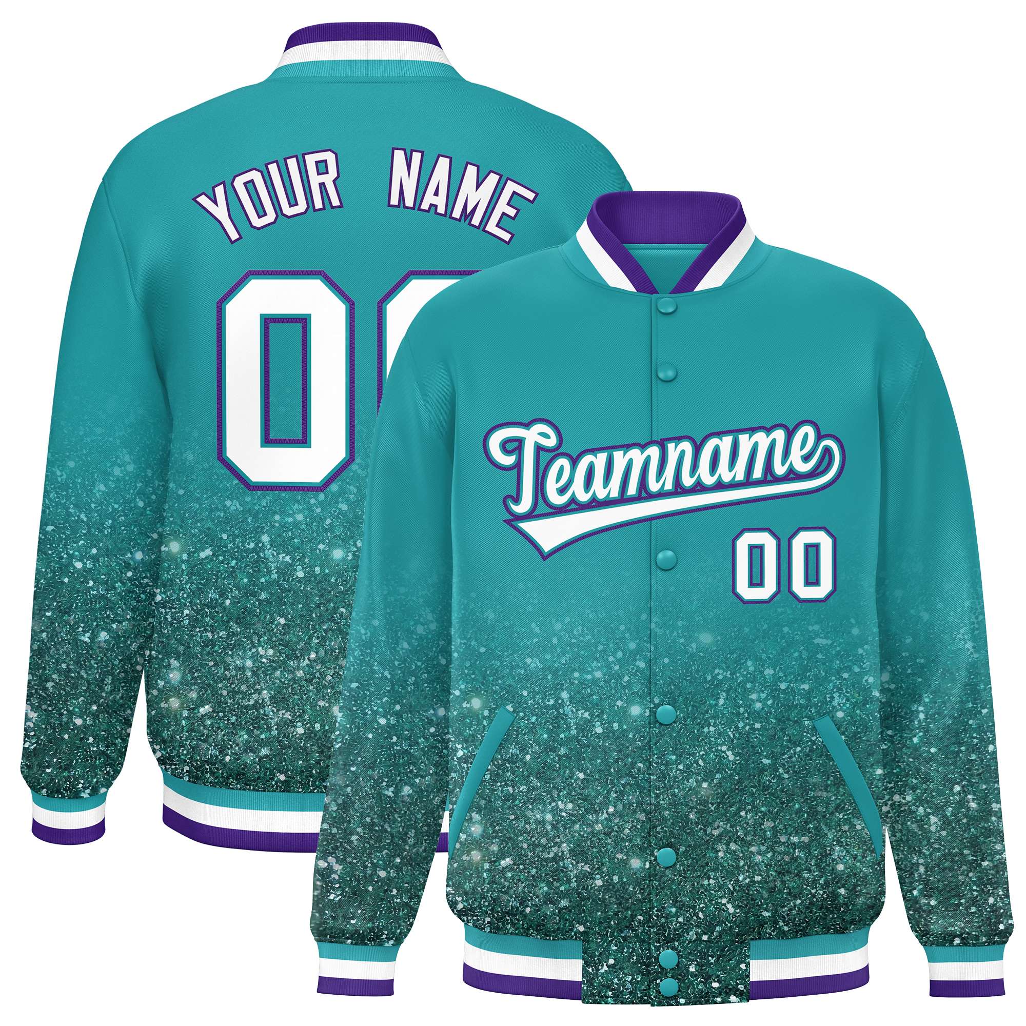 Custom Aqua Varsity Full-Snap Sequins Pattern Letterman Baseball Jacket