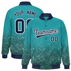 Custom Aqua Varsity Full-Snap Sequins Pattern Letterman Baseball Jacket