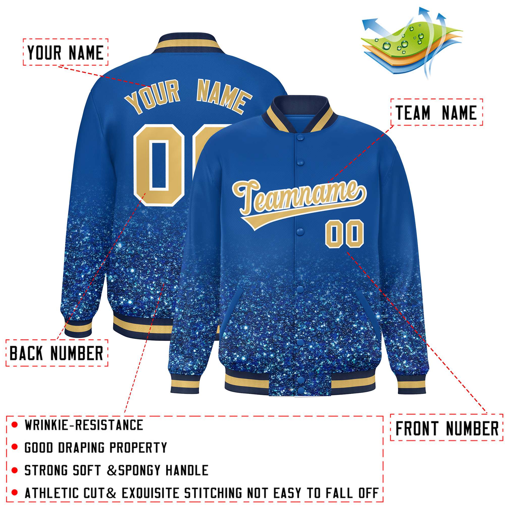 Custom Royal Varsity Full-Snap Sequins Pattern Letterman Baseball Jacket