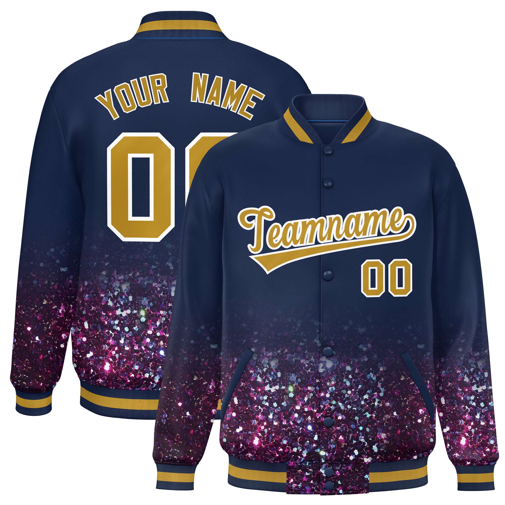 Custom Navy Varsity Full-Snap Sequins Pattern Letterman Baseball Jacket