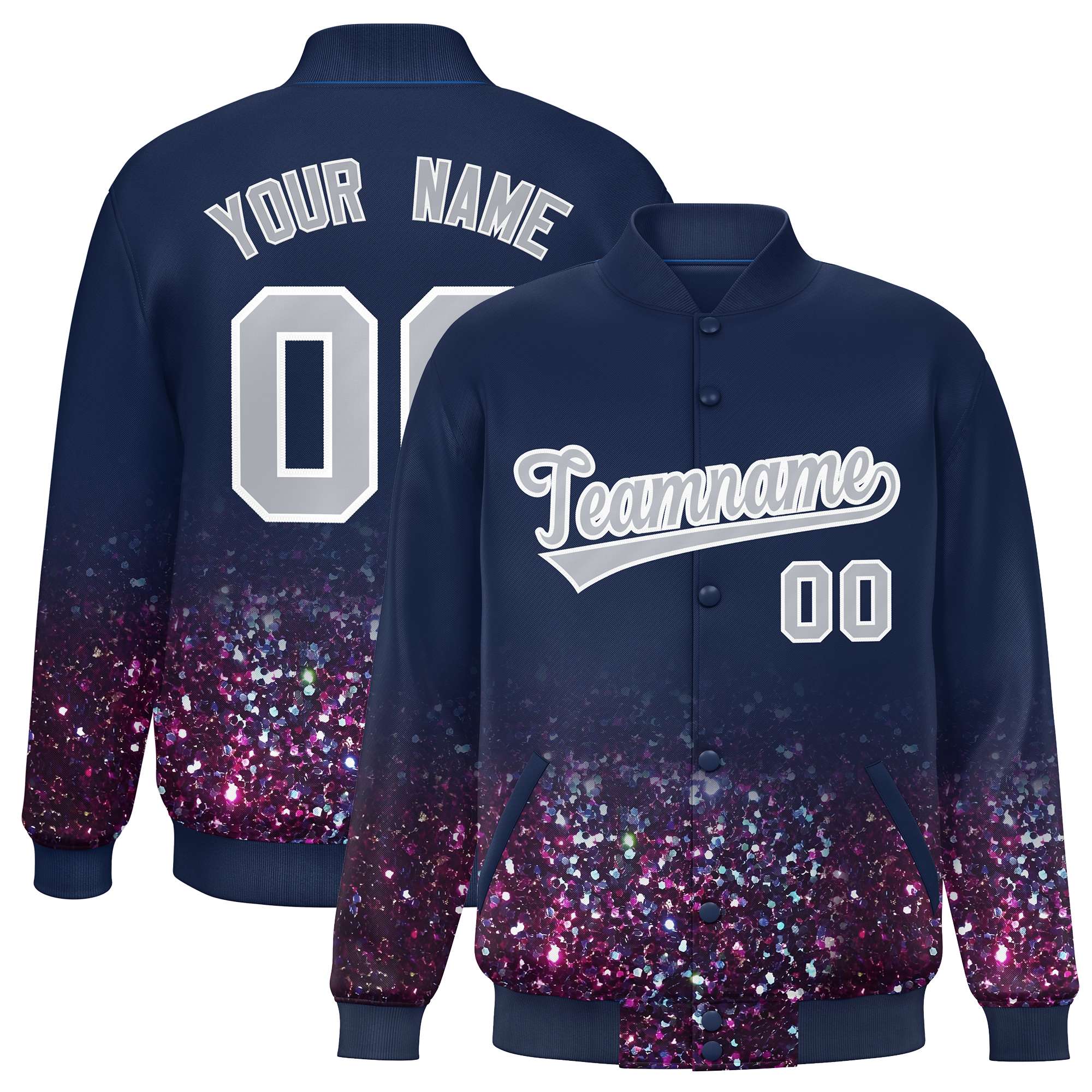 Custom Navy Varsity Full-Snap Sequins Pattern Letterman Baseball Jacket