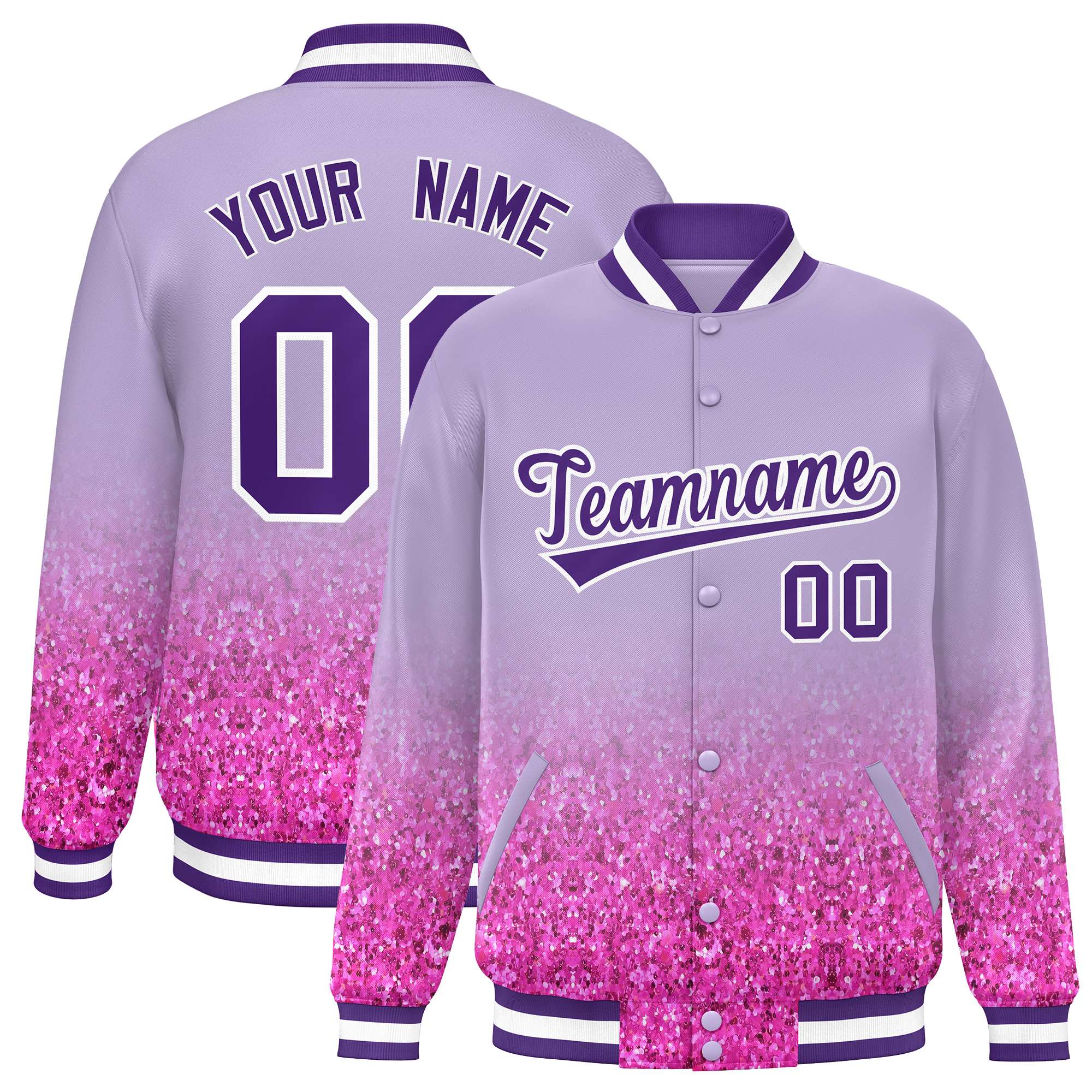 Custom Light Purple Varsity Full-Snap Sequins Pattern Letterman Baseball Jacket